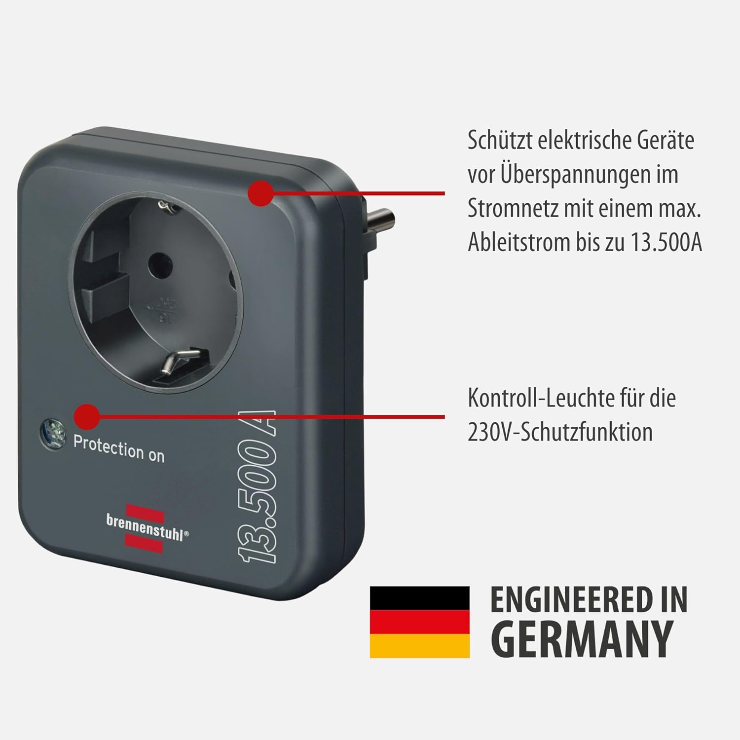 Brennenstuhl Steckdosenadapter mit Überspannungsschutz 13.500 A, 3er-Set (Adapter als Blitzschutz für Elektrogeräte) anthrazit – Bild 2
