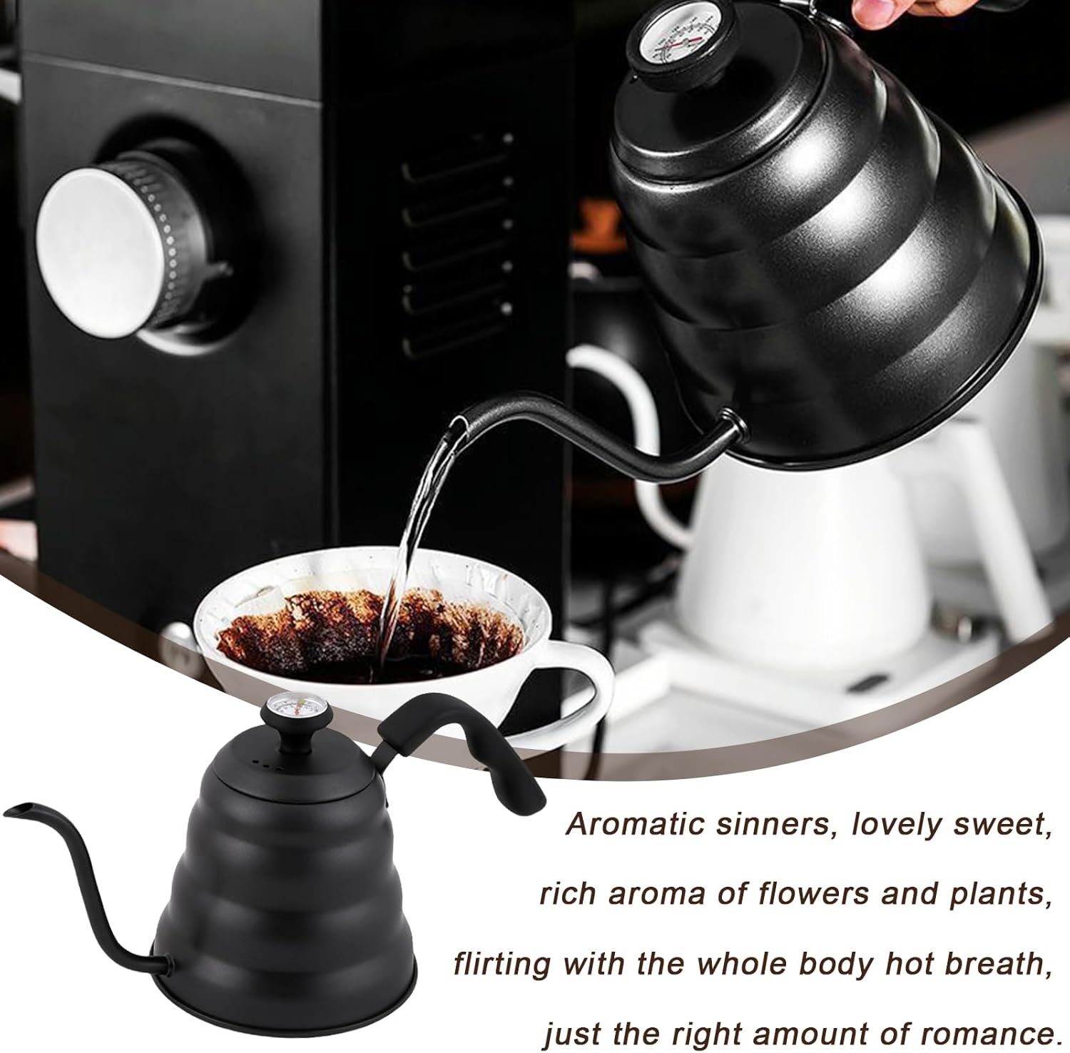 Schwanenhals-Wasserkocher mit Thermometer, 1200 ml/40 oz Edelstahl-Wasserkocher, Kaffeekanne, Schwanenhals-Wasserkocher für Gas- und Induktionsherde, leicht zu reinigen, Schwarz – Bild 5