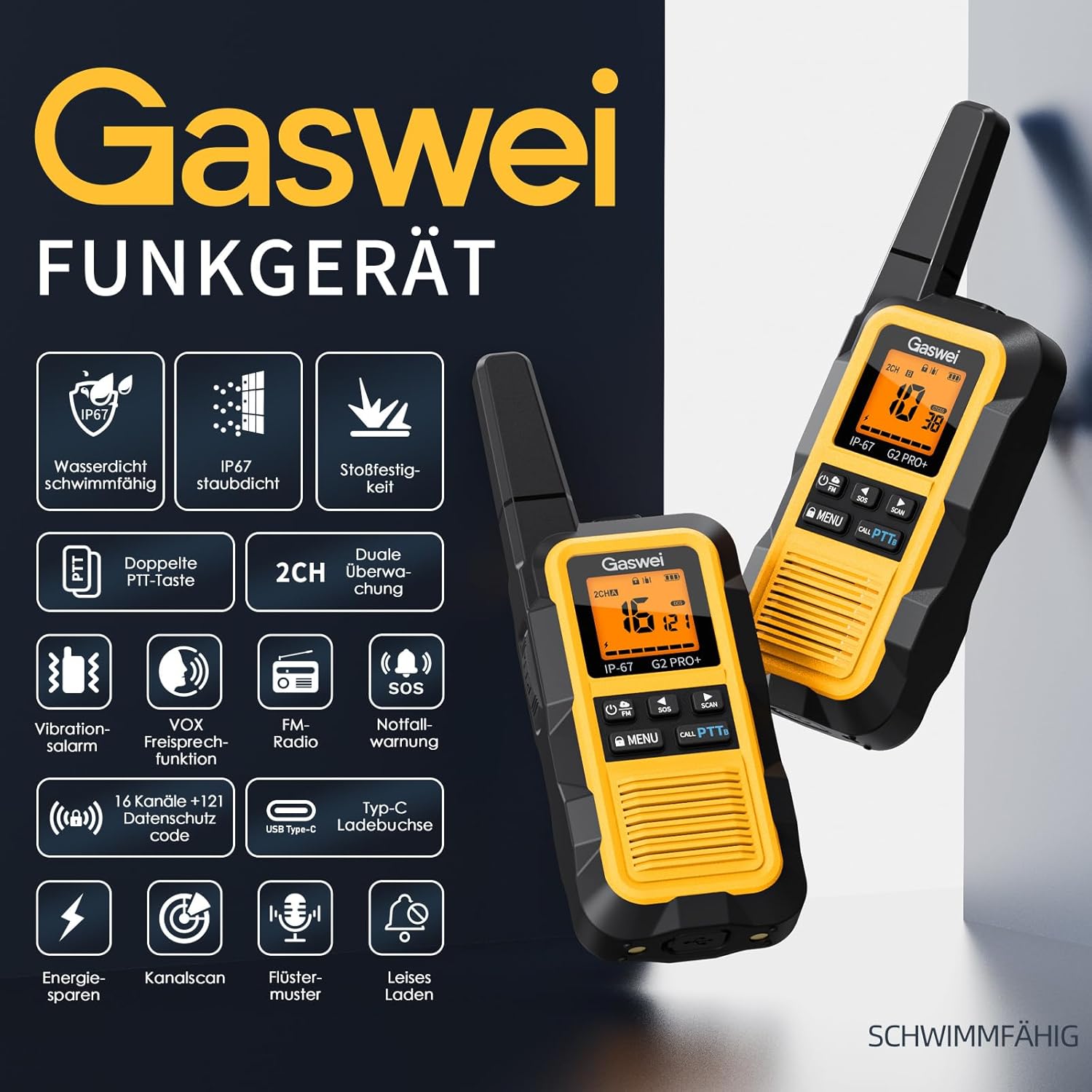 Gaswei G2Pro Professionelle Walkie-Talkies für Erwachsene, IP67, wasserdicht und schwimmfähig, Langstreckenradio mit Doppel-PTT, VOX, SOS, UKW-Radio + Akku für den Außenbereich, 1er-Set in Gelb – Bild 3