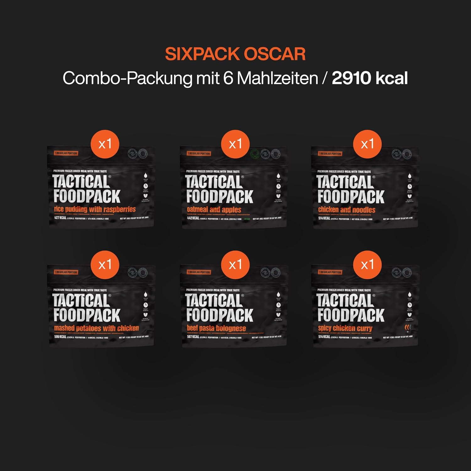 Tactical Foodpack Six Pack Oscar (6 Mahlzeiten) – Gefriergetrocknete Mahlzeiten I Verzehrfertig I MRE I Survival I Outdoor Food I Trekking Food I Expedition I Office – Bild 3