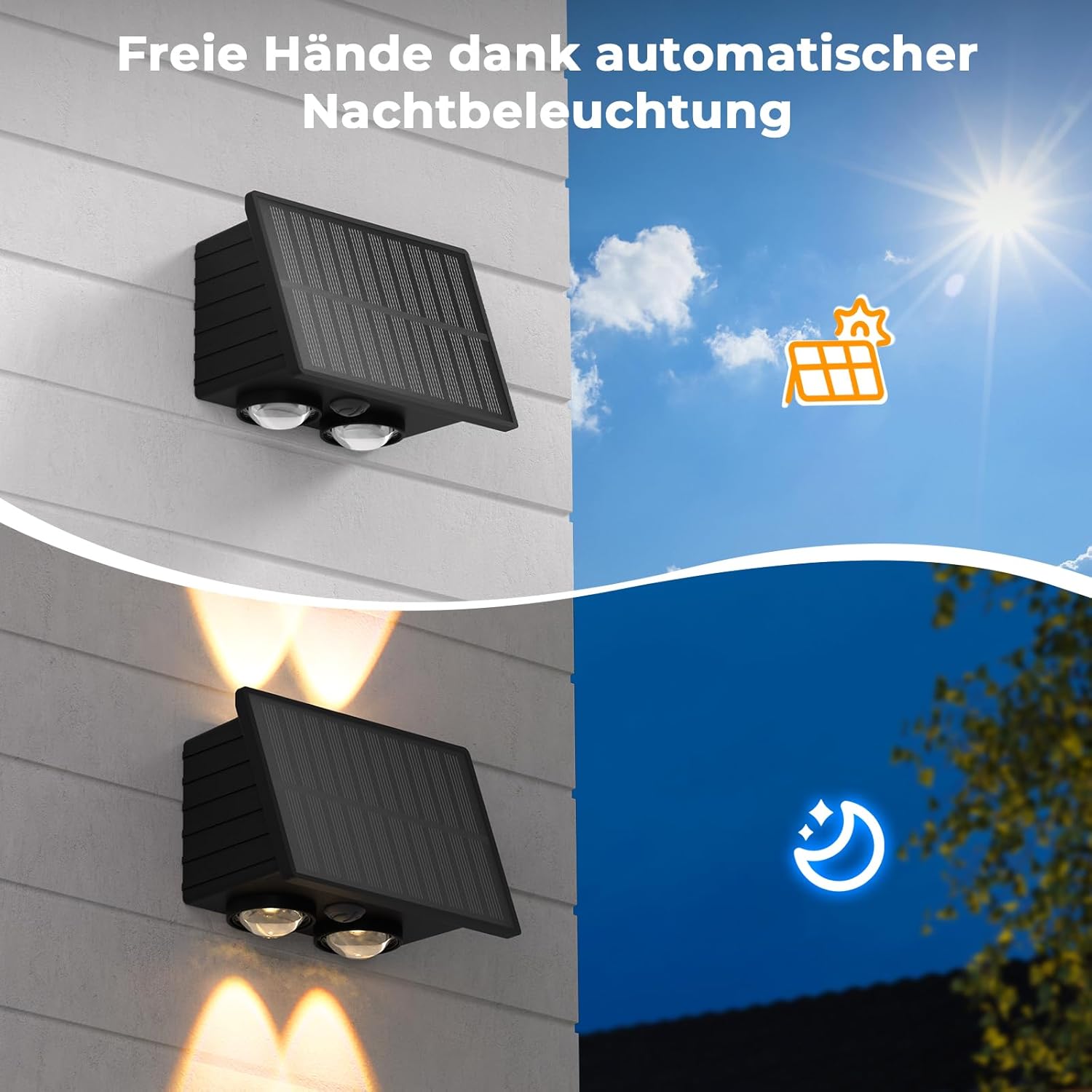 Solarleuchten für den Außenbereich, 4 Stück, Up Down Wandleuchte mit 3 Lichtmodi & 3 Farbtemperaturen, IP65 wasserdicht, Solar-Außenleuchte für Garten, Terrasse, Hauswand, Zaun, Treppen, Schwarz – Bild 6