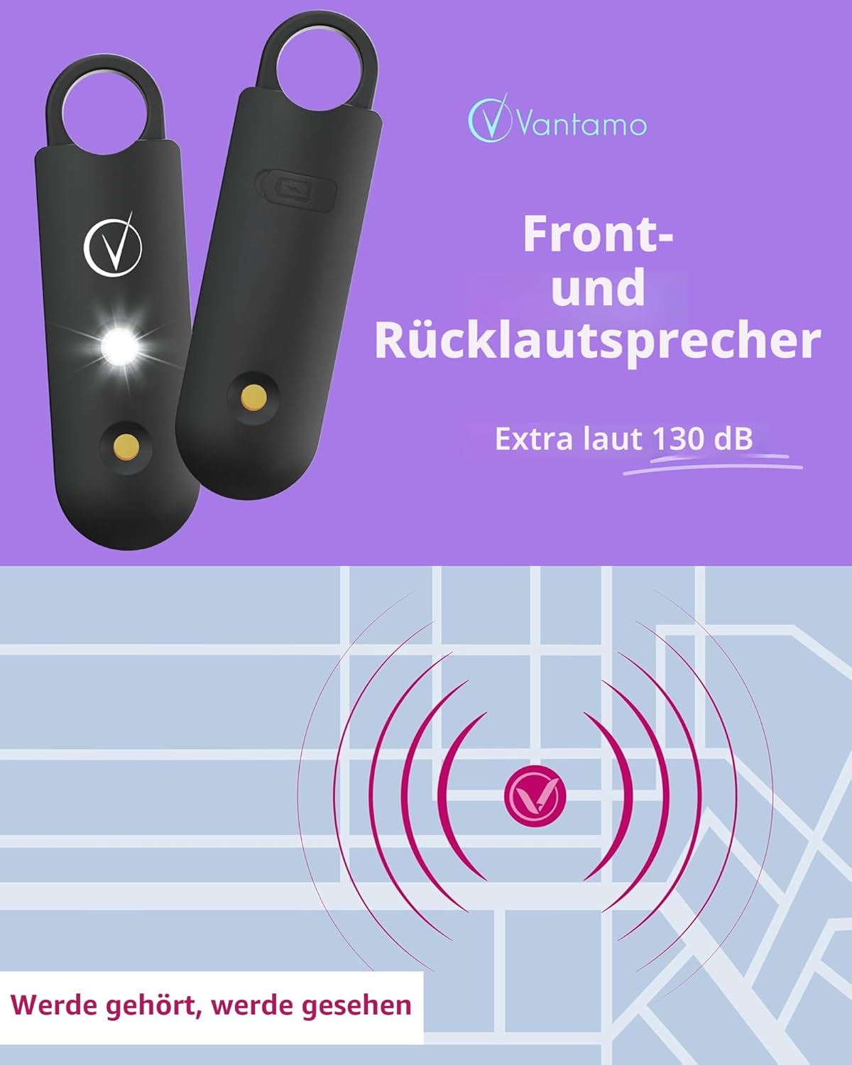 Vantamo Taschenalarm extra laut 130 dB mit 2 Lautsprechern für Selbstverteidigungsfrauen, helle Taschenlampe & Batteriewarnung, Alarm für Frauen unterwegs mit Schlüsselring – Bild 3