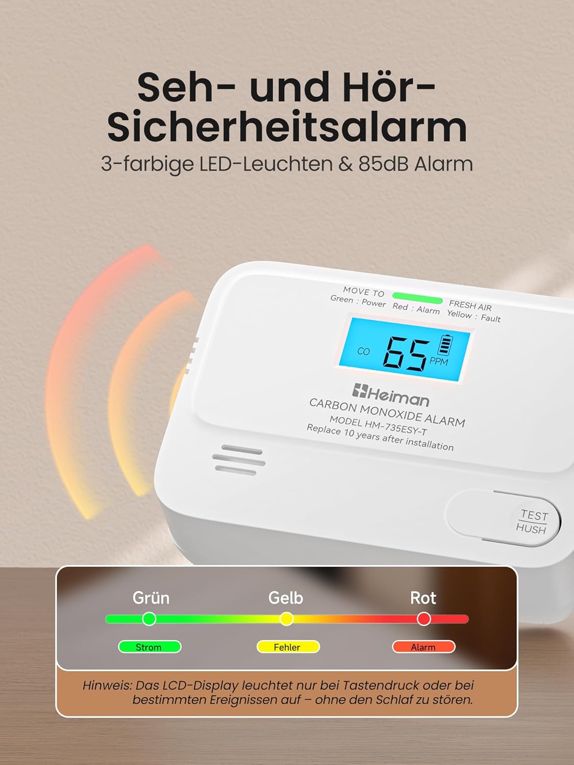 Heiman Kohlenmonoxidmelder, 10 Jahre Batterielebensdauer, CO-Melder für Zuhause mit digitalem LCD-Display, CO-Alarm, BSI-geprüft, EN 50291-Standard – Bild 3