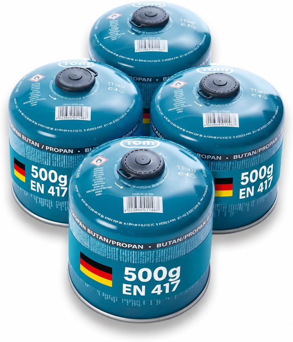 TOM Gaskartuschen 2 x 4 x 8 x oder 12 x 500 g Butan-Propan-Gas – Schraubkartuschen-Set – Kartuschen mit Sicherheitsschraubgewinde – Butangaskartusche ideal für Ihren Campingkocher (4 x 500 g)