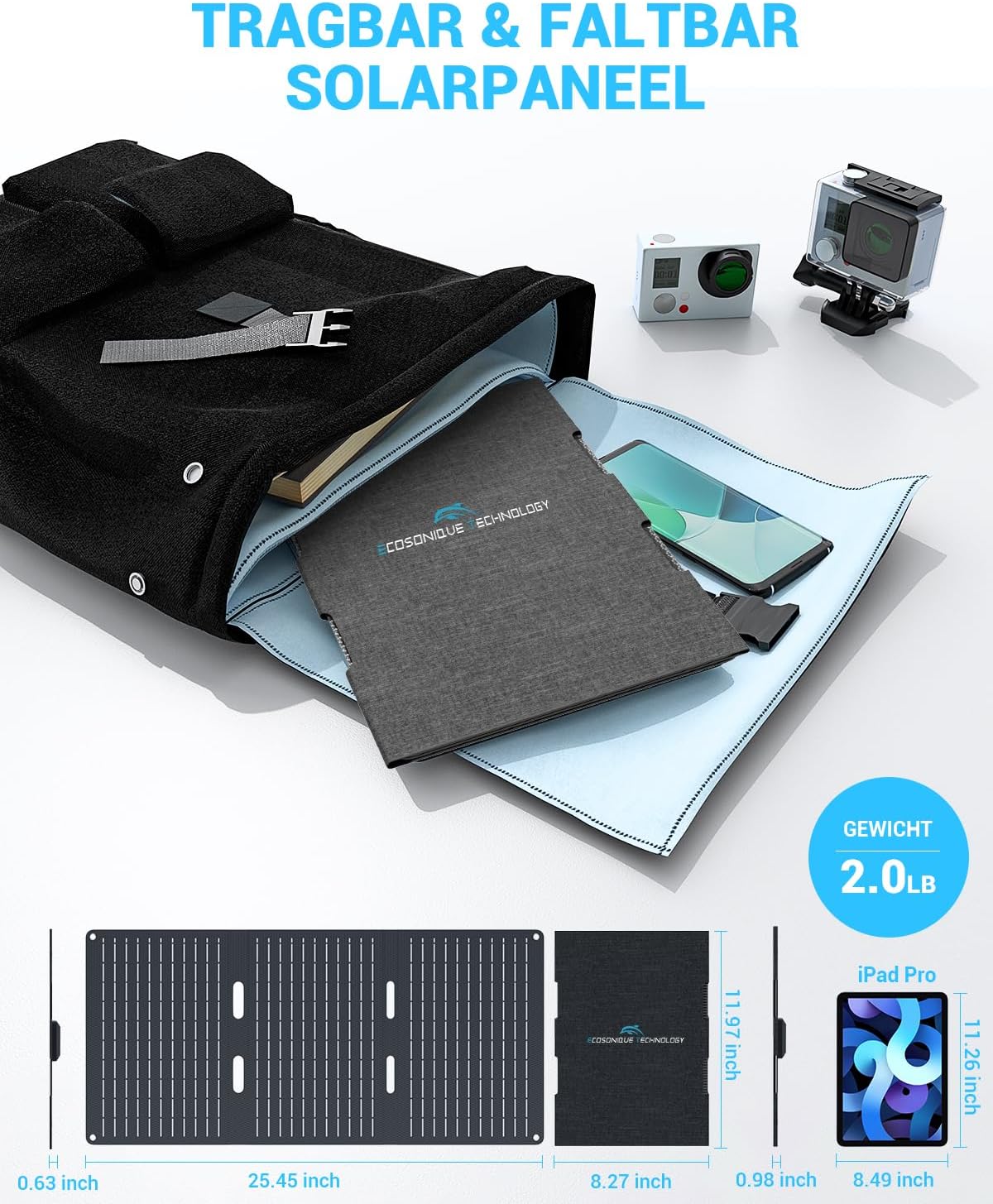 Solarpanel faltbar 30 W Solar-Handy-Ladegerät mit USB-A USB-C wasserdicht | Solarpanel USB C für Camping, Wandern, Rucksackreisen, Solar-Handy-Ladegerät, kompatibel mit iPhone, Samsung, LG, Google – Bild 4