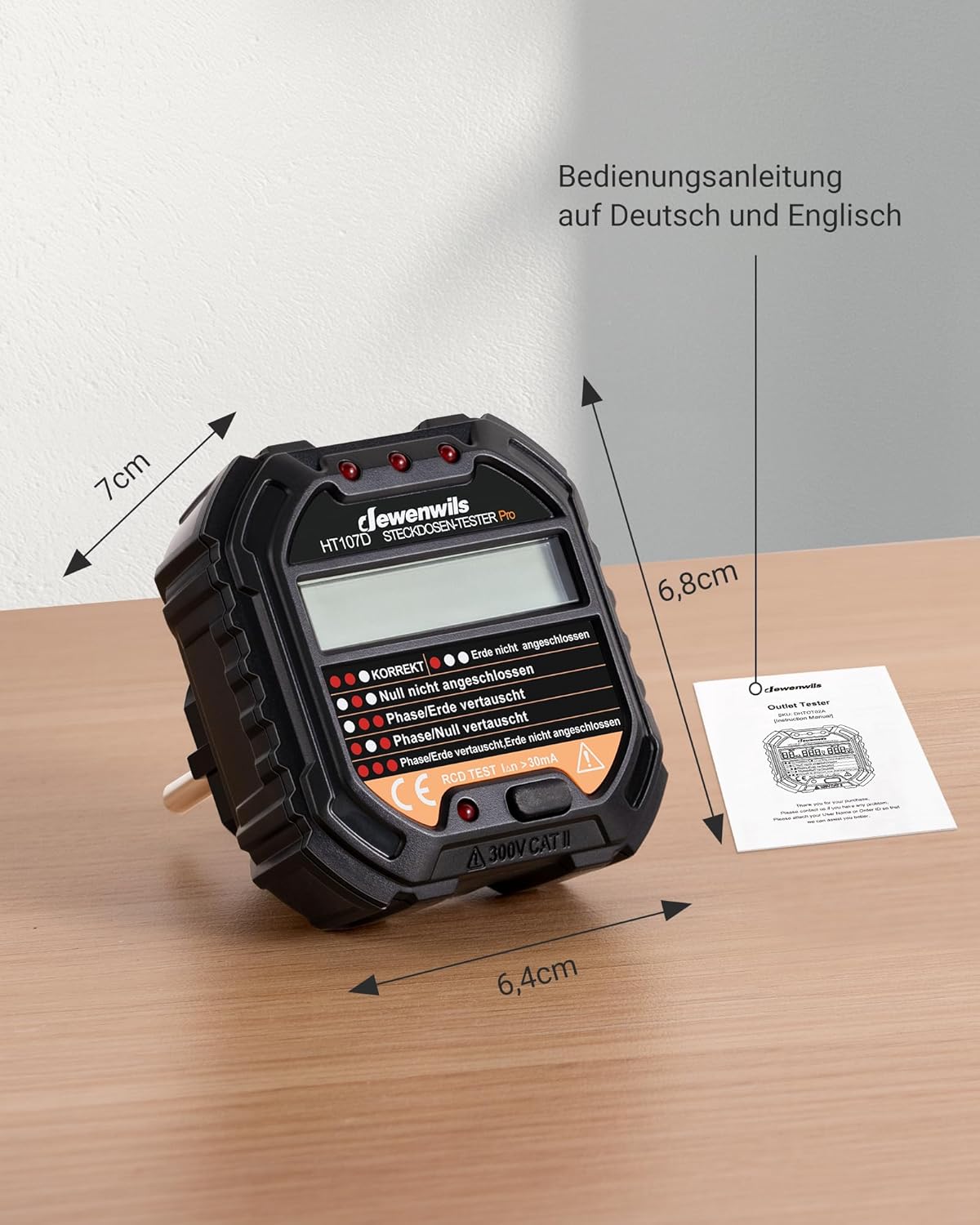 DEWENWILS Steckdosentester mit RCD-Test und LCD-Spannungsanzeige, 6 Arten von Fehlerdiagnose, Leckspannungs- und Stromanzeige, FI-Test, 48–250 V/45–65 Hz, CAT II 300 V – Bild 7