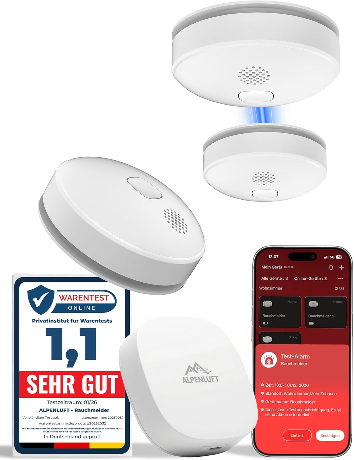 ALPENLUFT Rauchmelder mit Smart App, 10 Jahresbatterie, Testsieger Feuermelder drahtlos und WLAN vernetzt, Rauchmelder, Brandmelder, Funk-Rauchmelder, vernetzbar, ohne Bohren, ohne LED-Blinken, 3 + Hub
