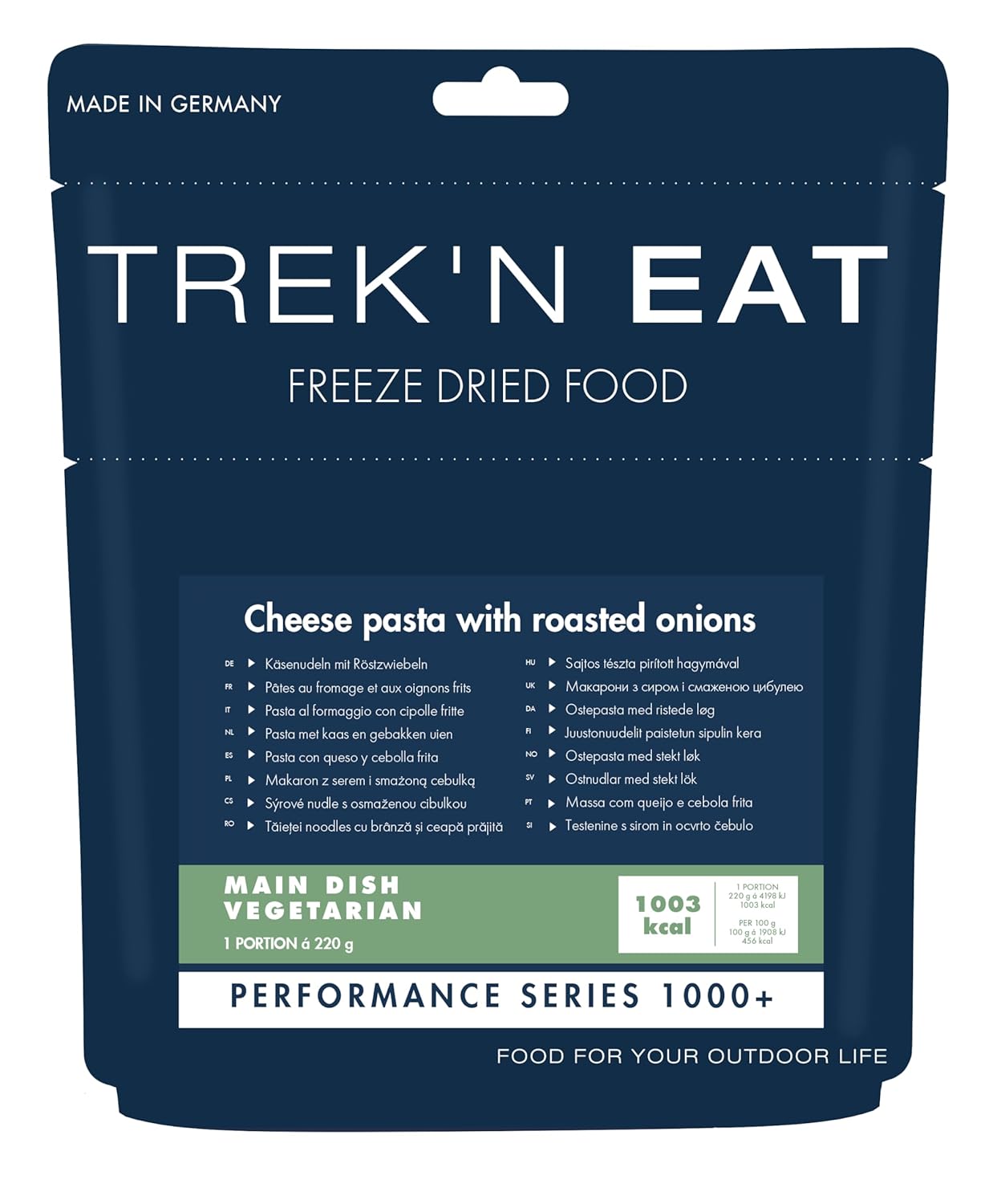 TREK'N EAT Käsenudeln mit Röstzwiebeln PS1000+ – kalorienreiche Outdoor-Mahlzeit für Expeditionen, Trekking und Notfallvorsorge
