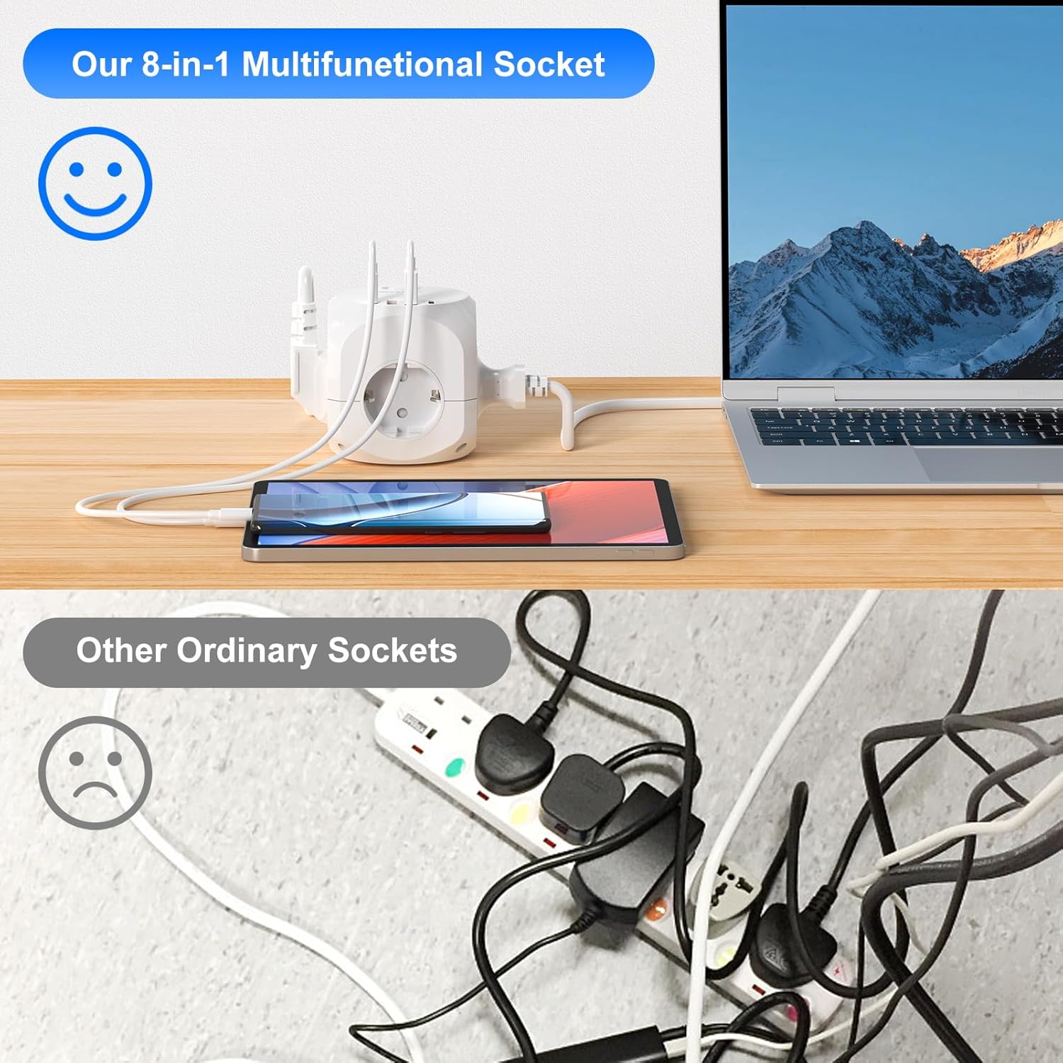 8-in-1 Mehrfachstecker Verteilersteckdose, HITRENDS 4-fach Steckdosenleiste Würfel, Mehrfachsteckdose mit 4 USB, 2500W Steckdosenturm Würfel, PD20W Steckdosenwürfel für Büro Zuhause, 2m Kabel, Weiß – Bild 4