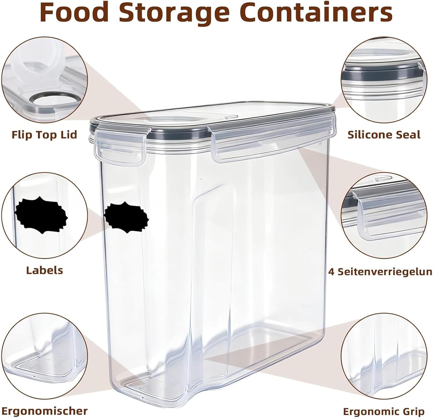 12 Müslibox mit Deckel, 4L Vorratsgläser mit Deckel, Etiketten, luftdichte Aufbewahrungsbox, Küchenaufbewahrung, Aufbewahrung für Mehl, Müsli, Reis, Katzenfutter, Hundefutter, Haustiere, Nudeln – Bild 5