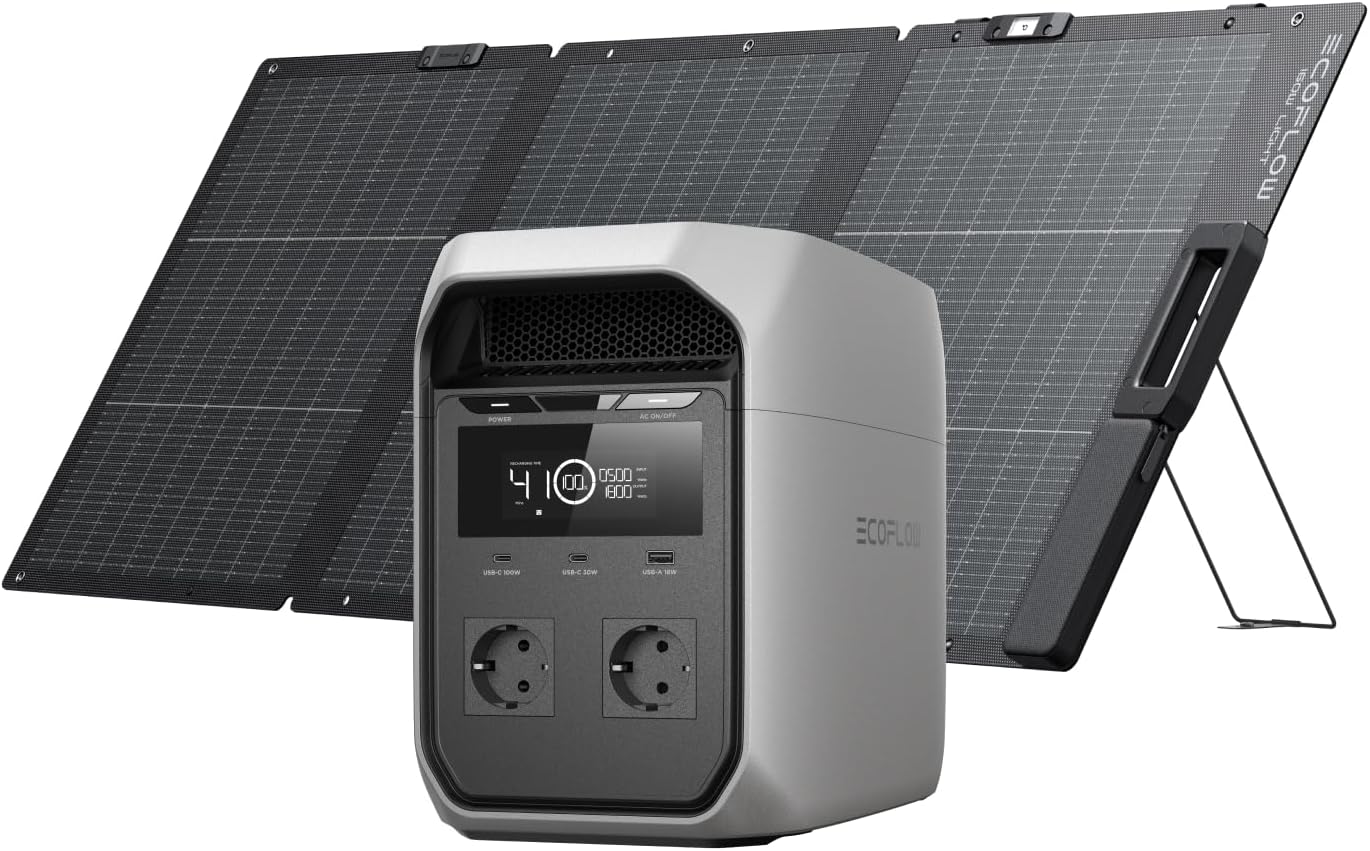 Tragbare Elektrostation ECOFLOW DELTA 3 Classic mit 160-W-Solarpanel, 1024-Wh-LiFePO4-Akku, 1800-W-AC-Ausgang (3600-W-Spitze), Schnellladung, Solargenerator für Camping, Wohnmobil
