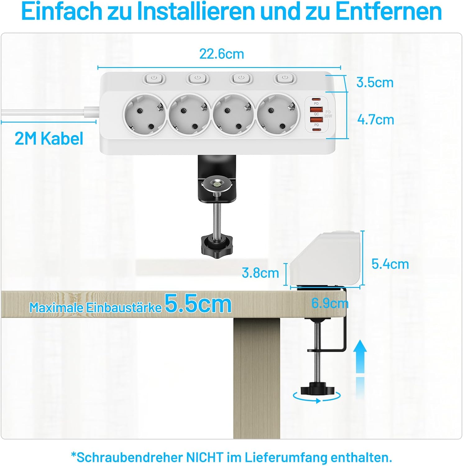 PD 20W Tischsteckdose mit USB C, 4-fach Ecksteckdosenleiste, Schreibtisch mit einzeln schaltbar, FDTEK Ecksteckdose 4000W 16A, Mehrfachsteckdose, Flachstecker, Überspannungsschutz, 2m für Küche, Büro – Bild 5