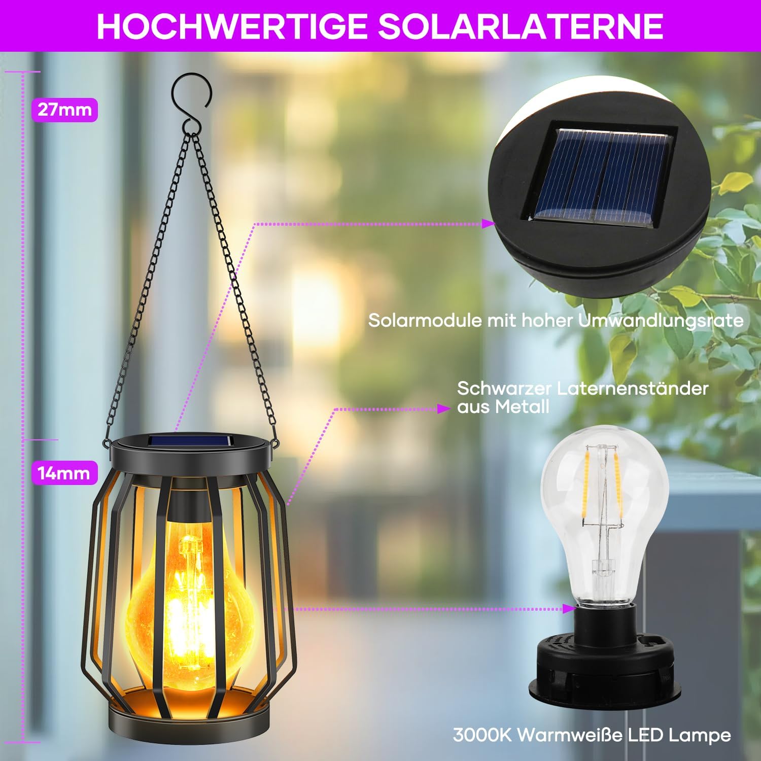 Solarleuchten zum Aufhängen im Freien, 2 Stück, Garten-Deko-Solarlaterne mit großer LED-Glühbirne, IP65 wasserdichte Solarleuchten, warmweiße Beleuchtung für draußen, Hof, Balkon, Terrasse, schwarzes Metall – Bild 2