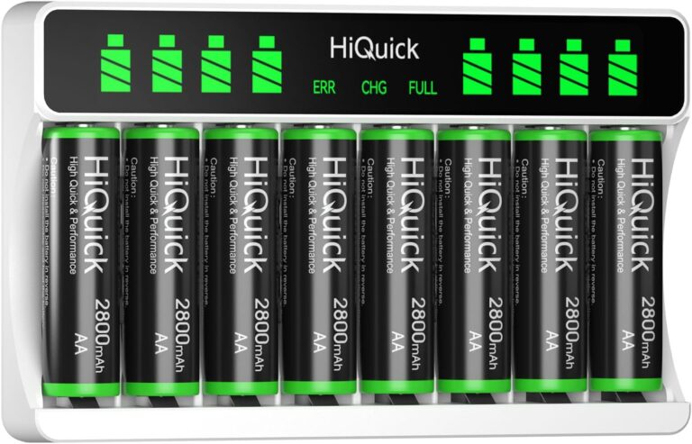 HiQuick Akku-Ladegerät mit AA-Batterie, 8er-Pack für Mignon AA, Micro AAA NI-MH-Akkus, 8 Ladeschächte mit LCD-Display