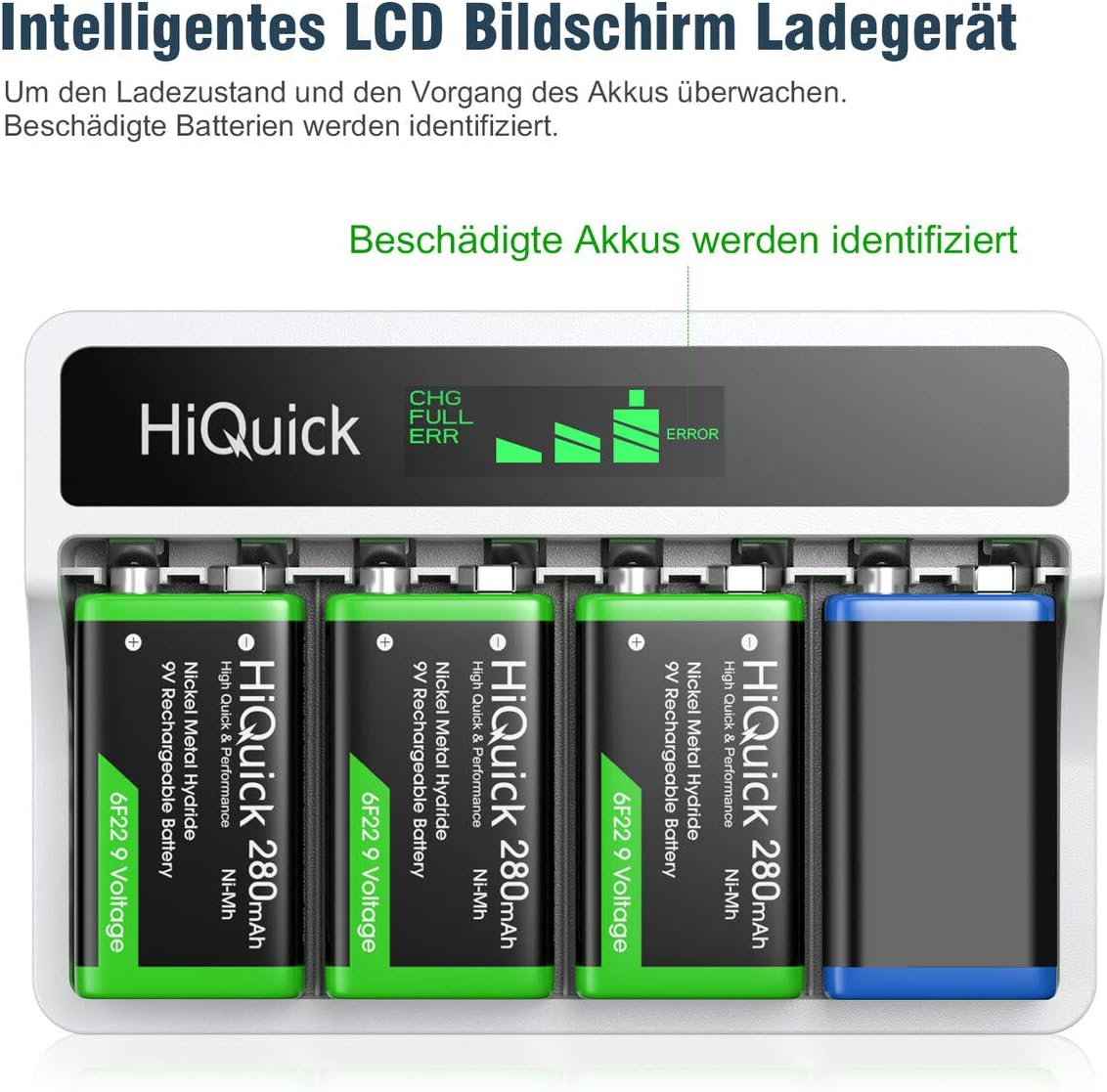 HiQuick 9V Akkuladegerät, Ladegerät für 9V Ni-Mh/Li-Ionen-Akkus, für wiederaufladbare PP3-Akkus, 4 Ladeplätze mit LCD-Display – Bild 3