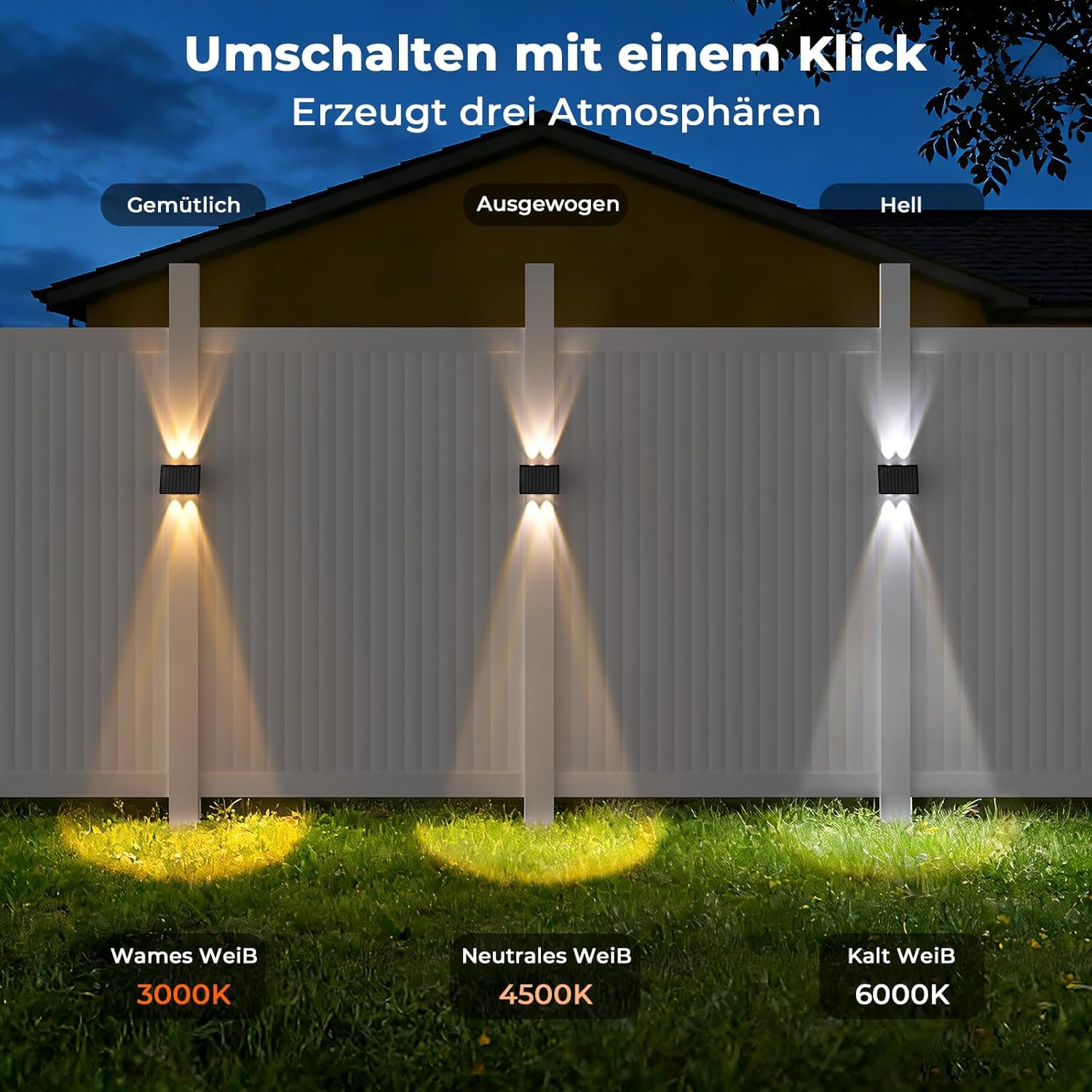 Solarleuchten für den Außenbereich, 4 Stück, Up Down Wandleuchte mit 3 Lichtmodi & 3 Farbtemperaturen, IP65 wasserdicht, Solar-Außenleuchte für Garten, Terrasse, Hauswand, Zaun, Treppen, Schwarz – Bild 2