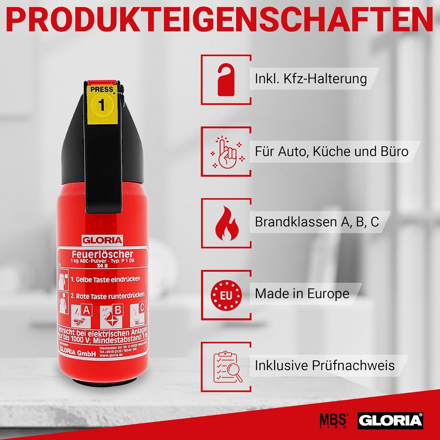 Gloria Auto-Pulverlöscher P1DB, 1 kg, Feuerklasse ABC, Halter und Plakette – Bild 2