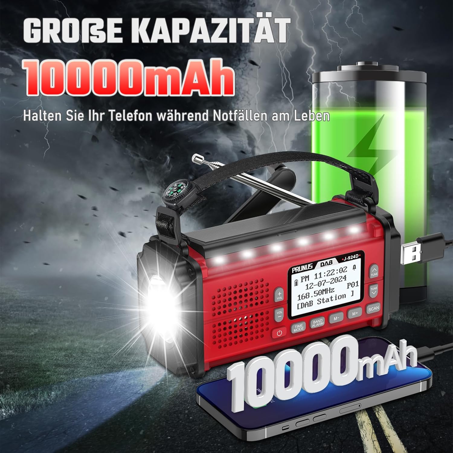 PRUNUS J-924D Digitalradio DAB+/FM, Kurbelradio Notfall mit 10000 mAh Akku, DAB-Radio mit Bluetooth, Notfallradio mit Taschenlampe/SOS-Alarm/Handy-Ladefunktion für Outdoor/Notfall (Rot) – Bild 4