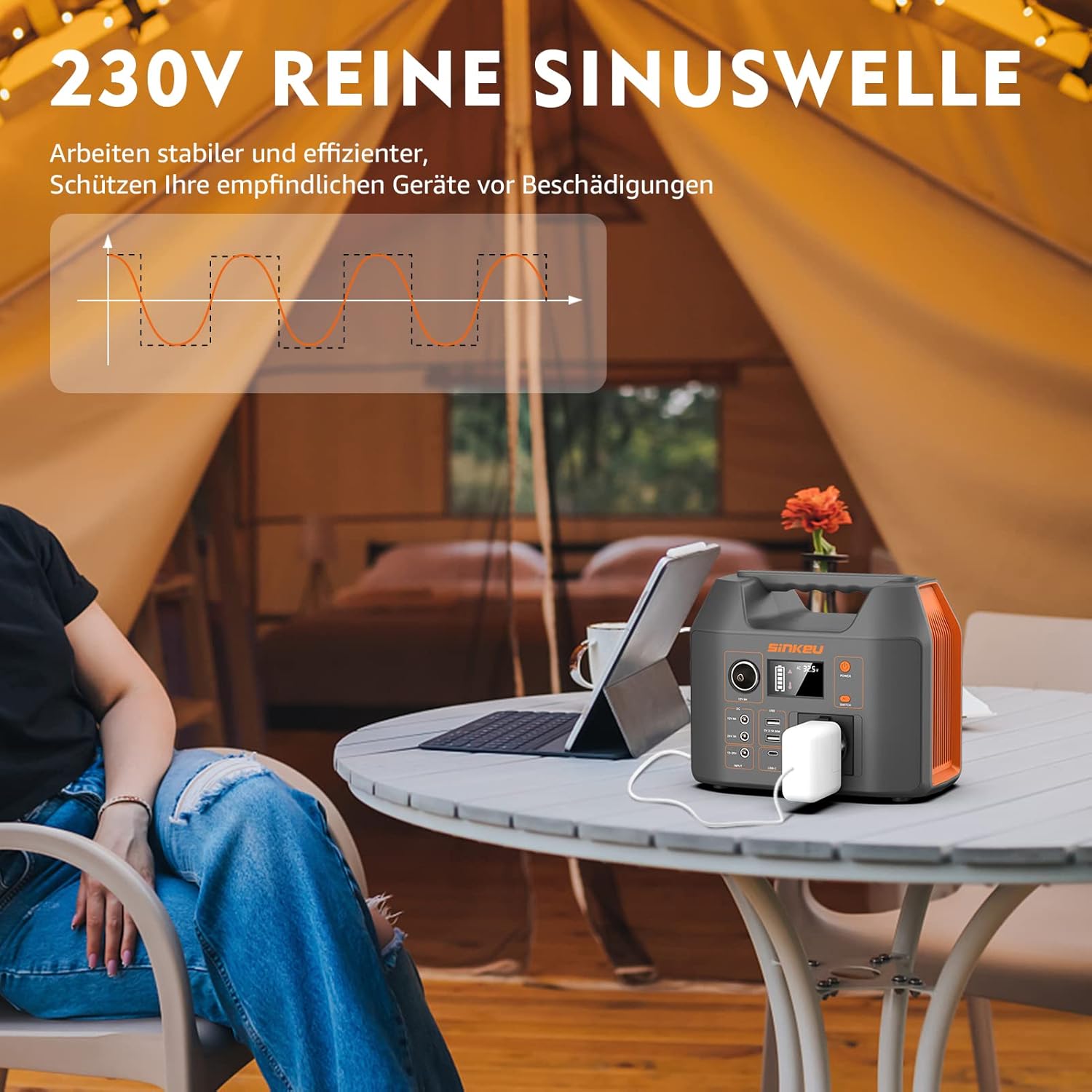 SinKeu Tragbares Kraftwerk 296 WH, Notfall-Solargenerator mit 230 V 300 W reiner Sinuswelle AC-Buchse, 12 V DC, USB, Typ C, LED-Licht, Stromspeicher, für Camping, unterwegs, Stromausfälle – Bild 8