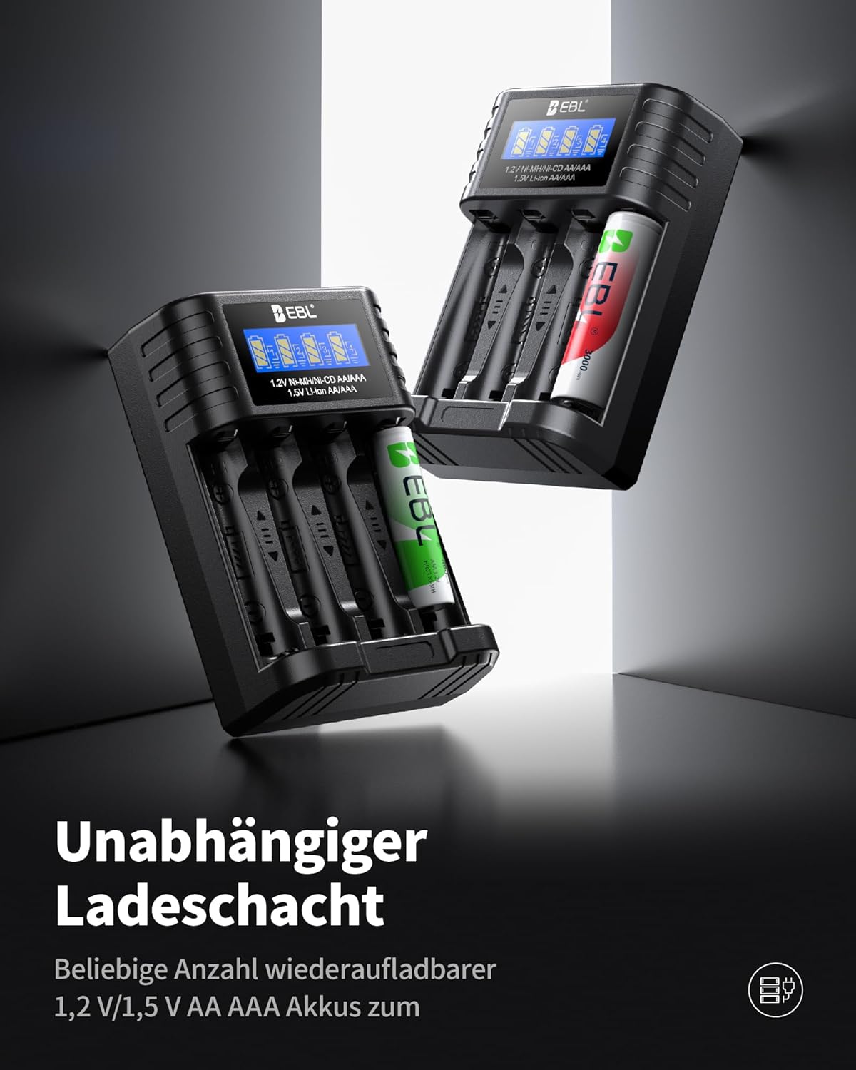 EBL-Akkuladegerät für AA AAA 1,2 V NI-MH 1,5 V Li-Ionen-Akkus, Typ-C-Eingang, intelligentes Anzeige- und Erkennungssystem, separater Ladeschacht – Bild 7