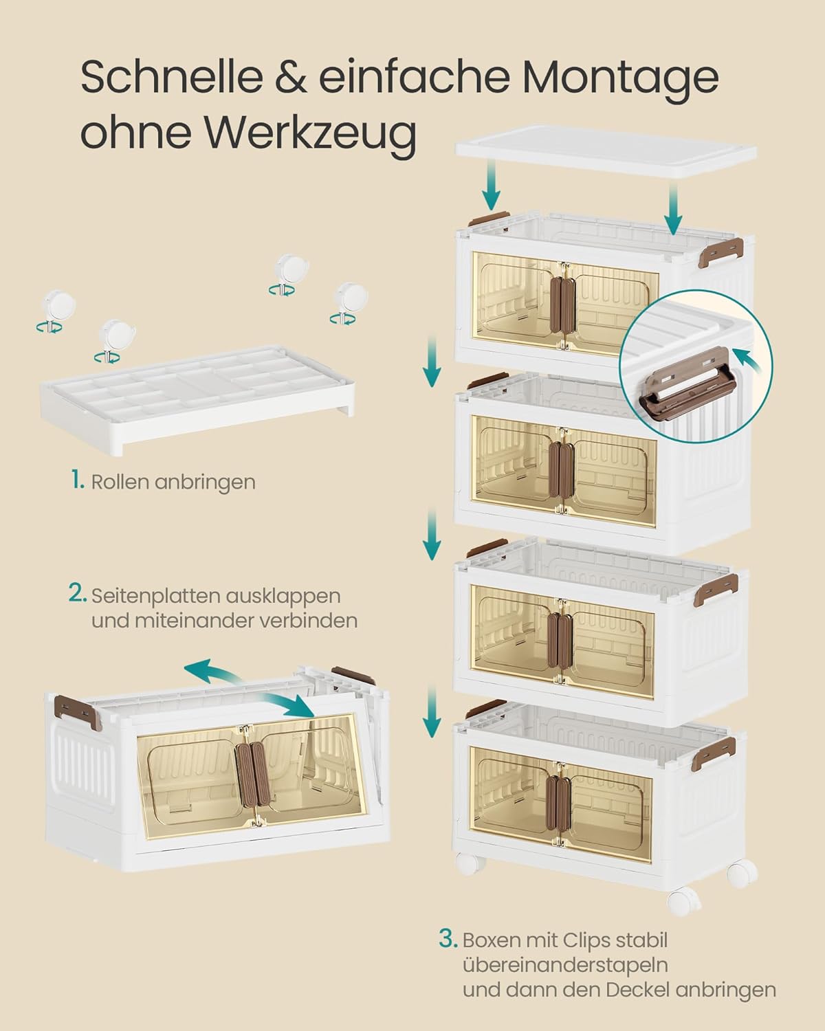 SONGMICS RLB445WZ01 4-stöckiger Organizer mit 1 Deckel, Stapelboxen auf Rollen, Kunststoffboxen, magnetische Tür, Ordnungsboxen, weiß, 25 l pro Ebene, 100 l insgesamt – Bild 4