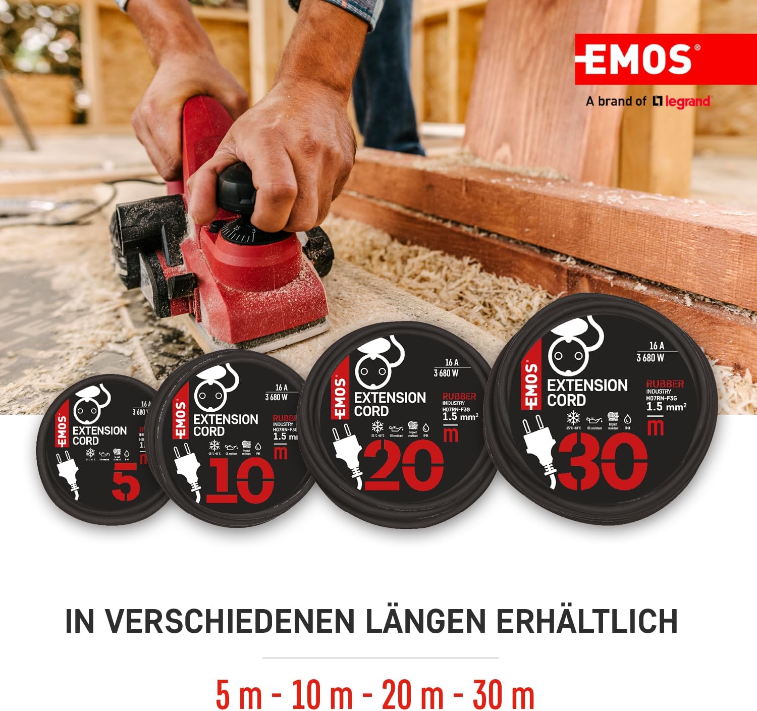 EMOS Verlängerungskabel 5 m Schuko, Gummi-Verlängerungskabel für den Außenbereich IP44, H07RN-F3G 1,5 mm2 – Bild 4