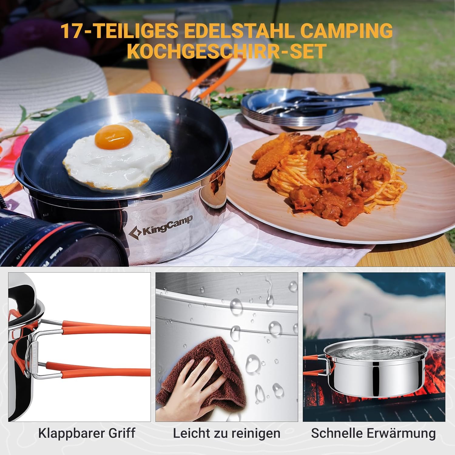 KingCamp Campinggeschirr, multifunktionales Robustes Camping Kochgeschirr | Mit Töpfen, Pfanne und faltbarem Besteck, alles ultraleicht stapelbar, ideal für Campingkocher, Outdoor, Wandern und Trekking – Bild 7