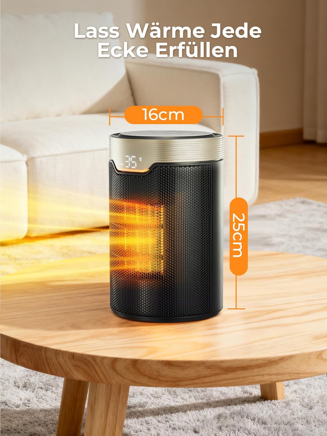 Heizlüfter Energiesparend, 24-Stunden-Timer 32 dB Leise 1500 W PTC-Keramik-Elektro-Heizlüfter mit Thermostat, Überhitzungs- & Kippschutz, Elektroheizung für Räume, Schlafzimmer, Eco-Modus, Glod – Bild 8
