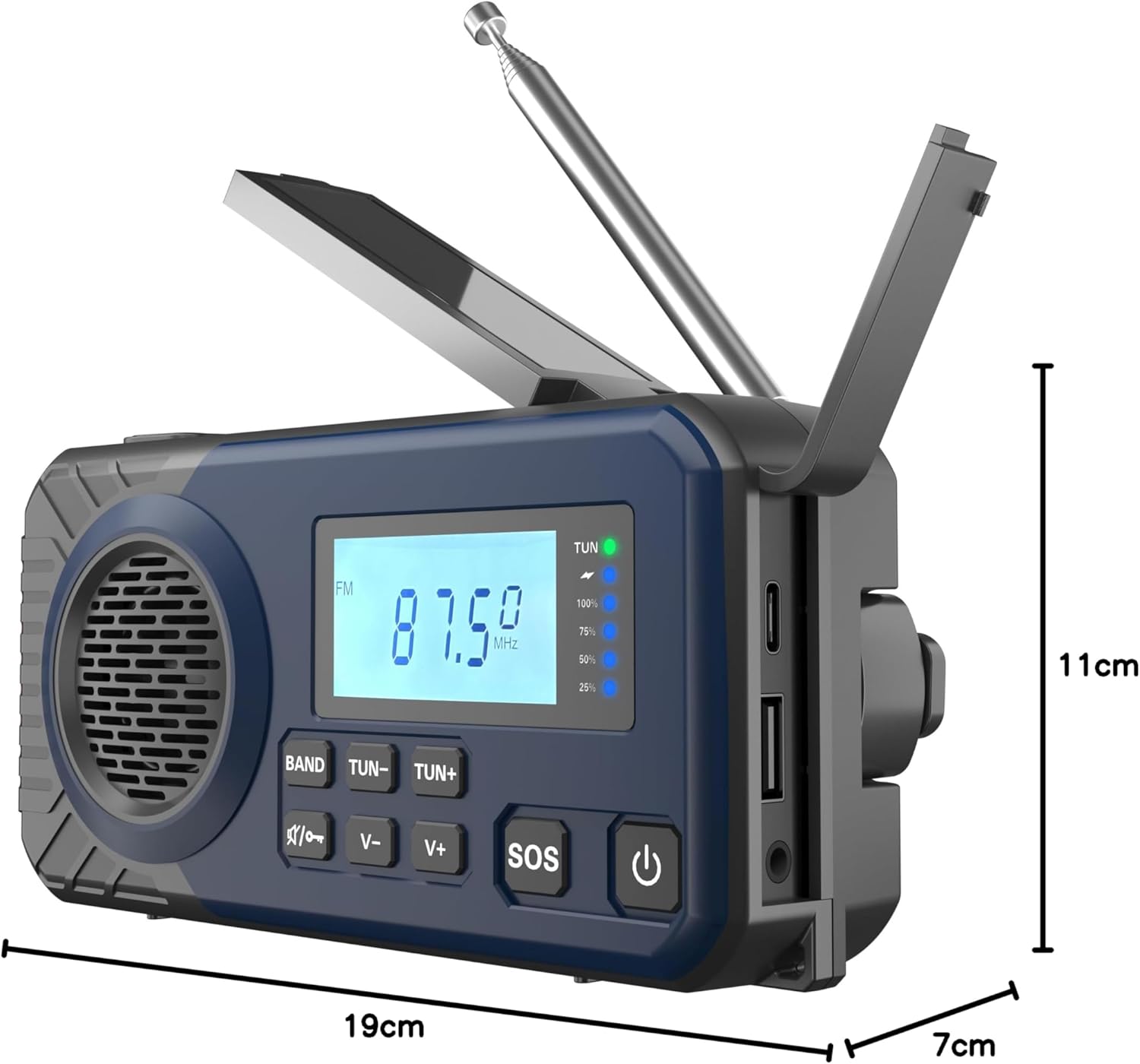 Acta Berg Kurbelradio Notfallradio mit 5000-mAh-Akku (Mitternachtsblau) | AM/FM/SW USB-batteriebetriebene Notfallausrüstung für Stromausfälle, integrierte Taschenlampe, Handy-Ladegerät – Bild 7