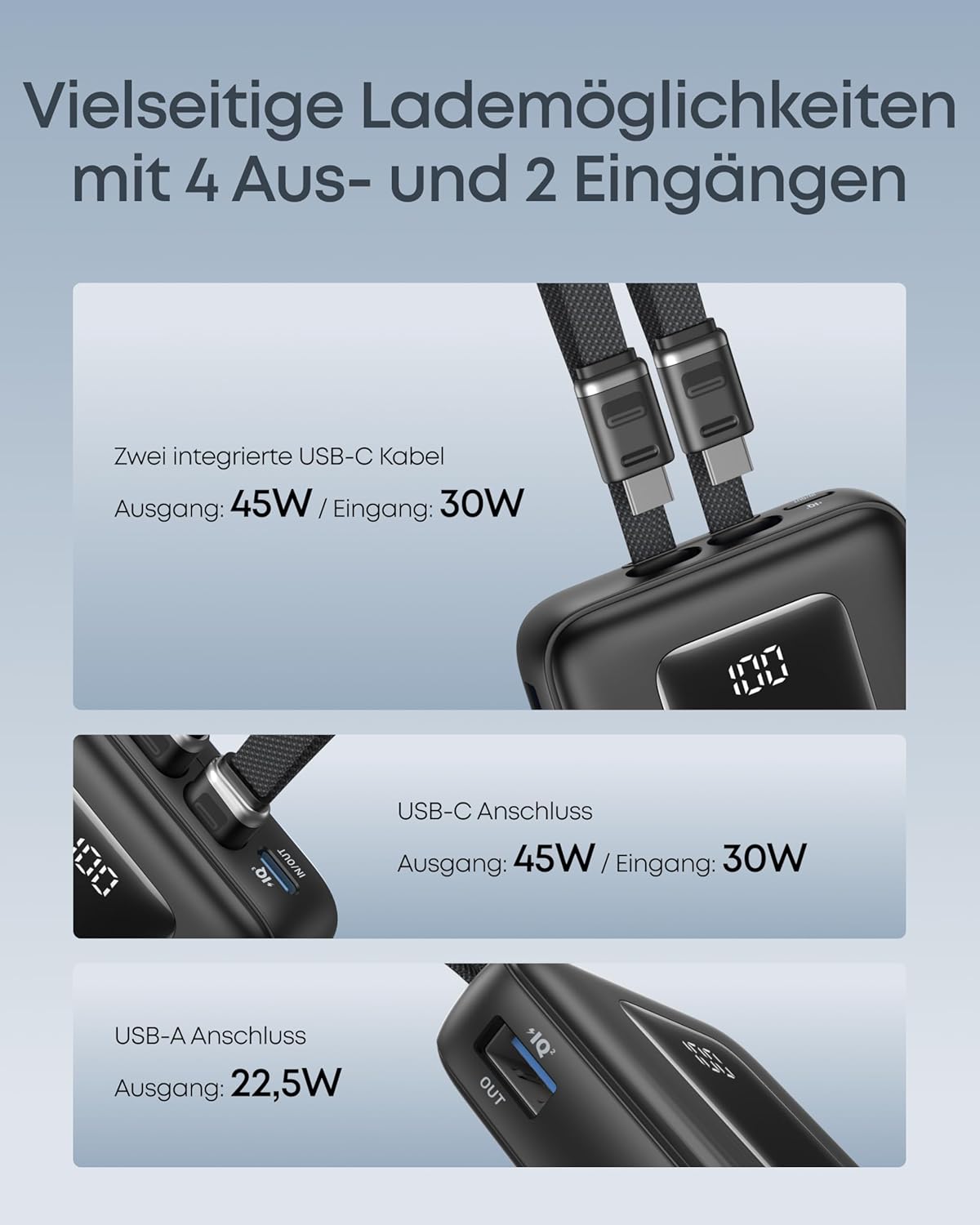 Anker Zolo Powerbank (Upgrade 2025), 45 W Schnellladung, 20000 mAh Akku, zwei integrierte USB-C-Kabel, 1 USB-C- und 1 USB-A-Anschluss, für iPhone 17/16-Serie, Galaxy, MacBook und mehr – Bild 6