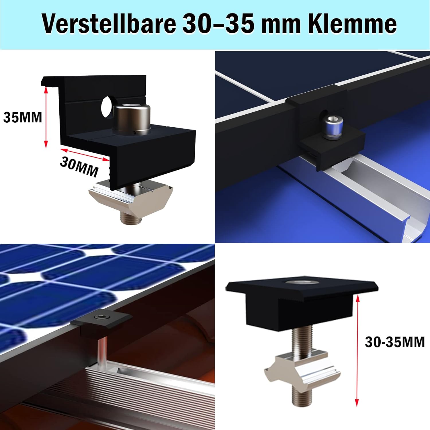 Solarpanel-Halterung Flachdach, Aluminium-Photovoltaik-Montageschiene 12 cm, verstellbare schwarze Klemme für 30-35 mm dicke Module, Solarpanel-Montage-Montageset, 2 Module, geeignet für Flachdach-Trapezdach – Bild 3