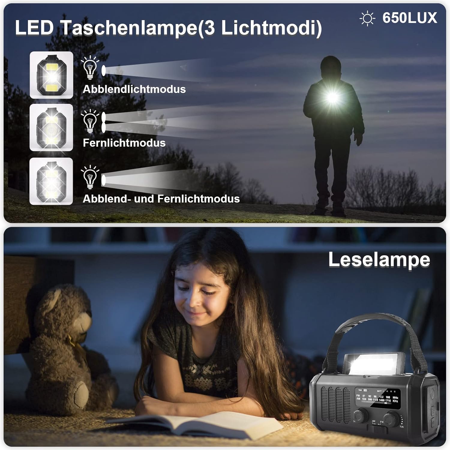 YIKANWEN Kurbelradio mit 20.000-mAh-Akku, wiederaufladbar, tragbarer Solarradio-Dynamo mit AM/FM/NOAA, Powerbank, LED-Campinglicht, SOS-Alarm, Kompass, Schwarz – Bild 5