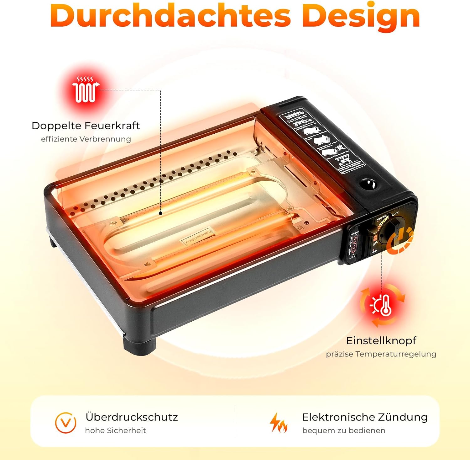 Camping-Gasgrill mit Koffer, 2-in-1-Tischgrill, Gaskocher, 2-flammig, tragbar, kleiner Gasgrill für Kartusche & Gasflasche, Outdoor-Grill, Camping-Set für Balkon, Picknick mit Zubehör – Bild 6