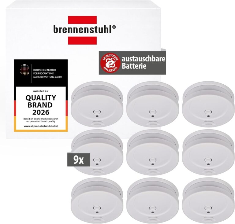 Brennenstuhl Rauchmelder-Set 9X RM C 9010 mit austauschbarer Batterie | Geprüft nach EN 14604, durchdringendes Alarmsignal, weiß