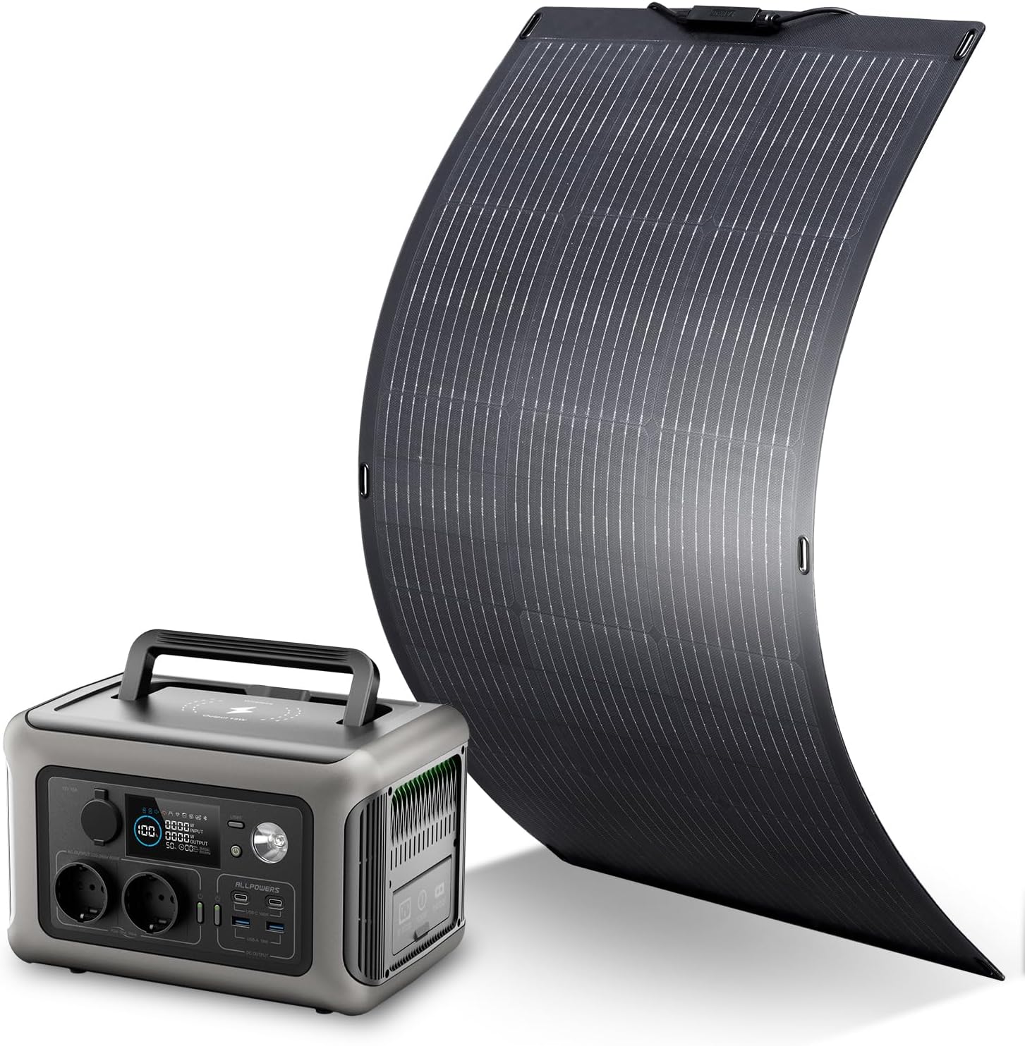 ALLPOWERS R600 Solargenerator, 299WH LiFePO4-Akku, 2 x 600 W (1200 W Spitze), AC-Ausgang, tragbares Kraftwerk mit 100 W flexiblem Solarpanel, mobile Stromversorgung für Garten, Reisen, Camping, Wohnmobil