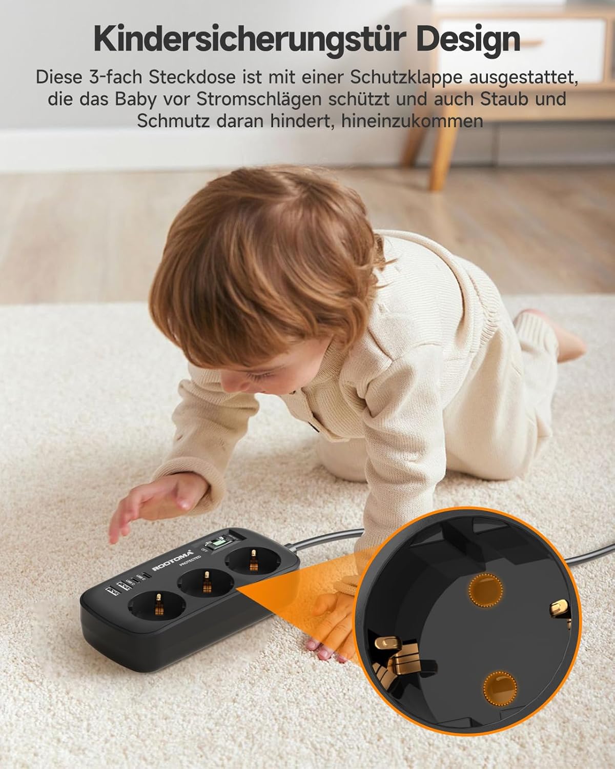3-fach Steckdose mit Überspannungsschutz, Mehrfachsteckdose, 4 USB (2 USB-C), Steckdose mit Schalter und 1,5 m Kabel, Wandmontage für Zuhause, Büro, Schwarz – Bild 7