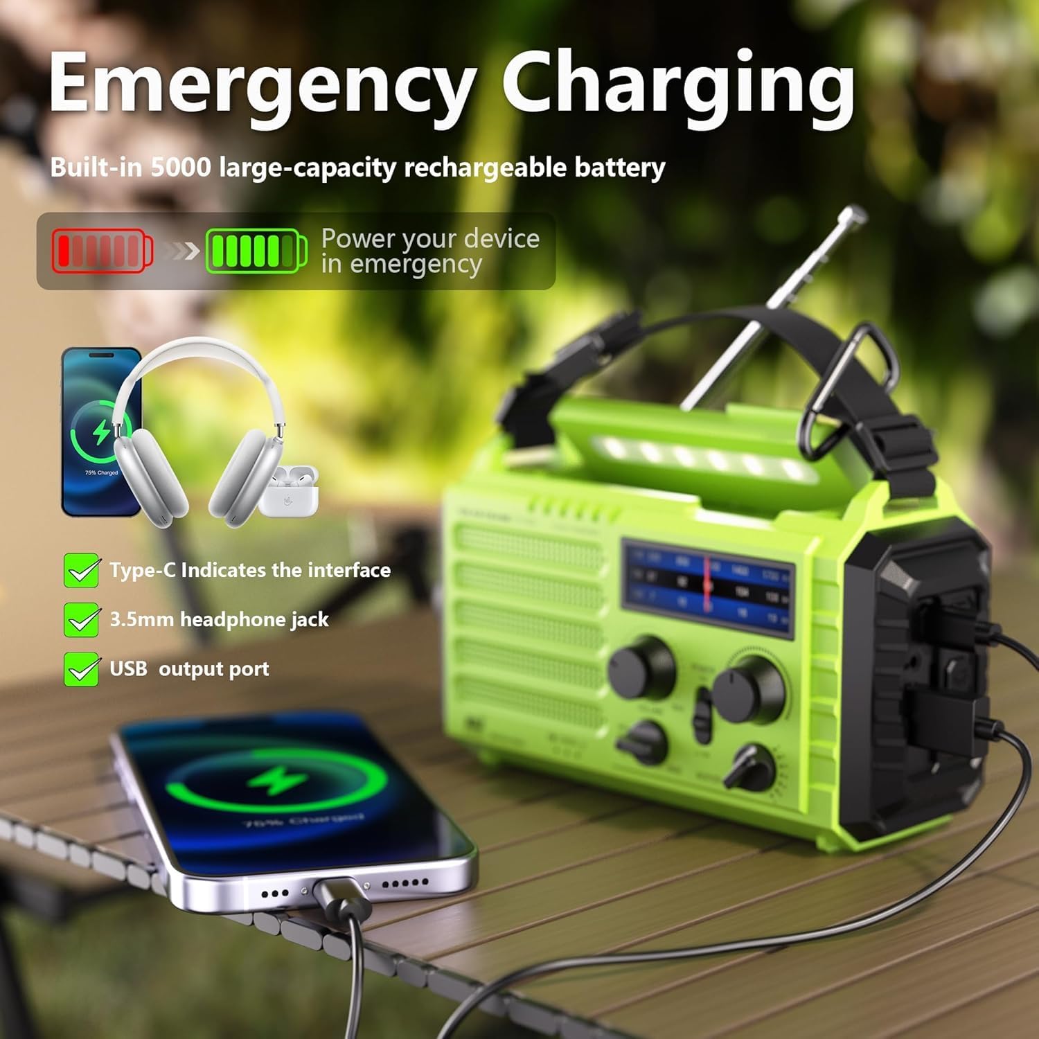 AM/FM/SW Baustellenradio, Kurbelradio, tragbares 5-Wege-Wetter-Solarradio, Dynamo-Handkurbel, Powerbank, LED-Campinglicht, SOS-Alarm, Kompass, USB-Anschluss zum Aufladen des Mobiltelefons im Notfall – Bild 3