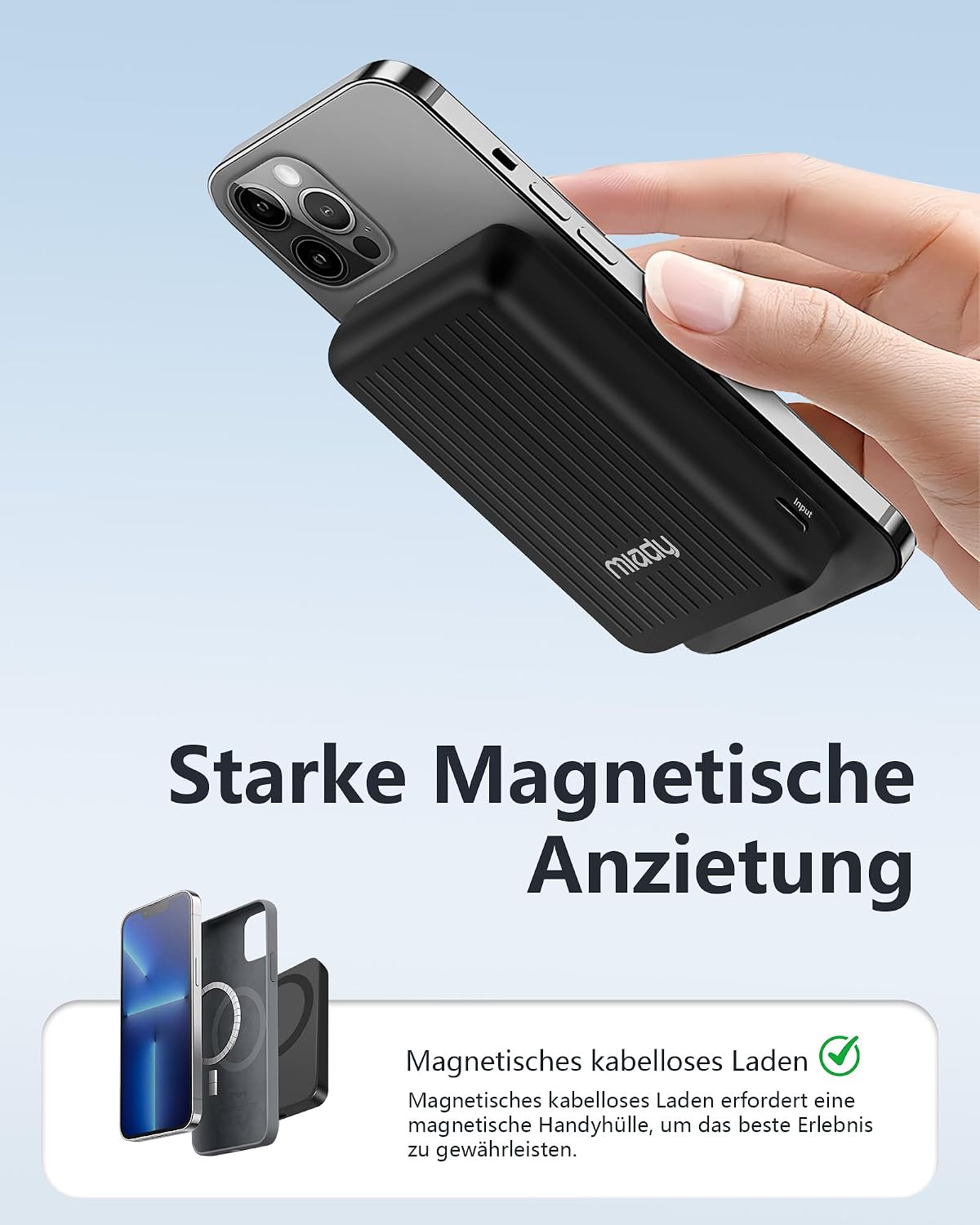 Miady Powerbank für Magsafe, 5000 mAh 5 W kabelloses magnetisches Laden & 12 W USB-C-Schnellladung, ultraschlanke tragbare externe Handy-Akkus, für iPhone 17/16/15/14/13/12/Pro/Pro Max (schwarz) – Bild 2