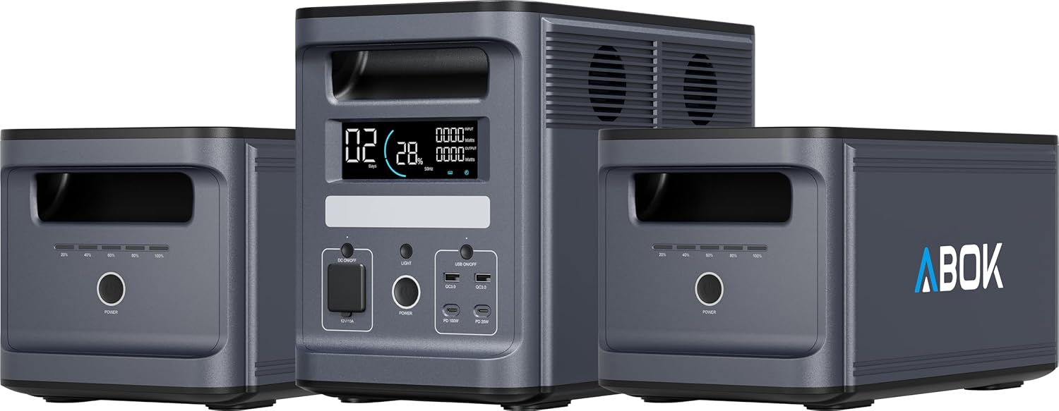 ABOK Ark2000 Tragbares Kraftwerk mit 2 × Zusatzbatterien, 4608 Wh LiFePO4, erweiterbar auf bis zu 4,6 kWh, 1,3 Stunden Schnellladung, 2000 W AC-Solargenerator mit USV & App für Camping, Notfälle | Solargenerator-Set mit USV & App, 1x Ark2000 + 2 Zusatzakkus, für Camping, Wohnmobile, Notfälle, Off-Grid-Strom und Notstrom