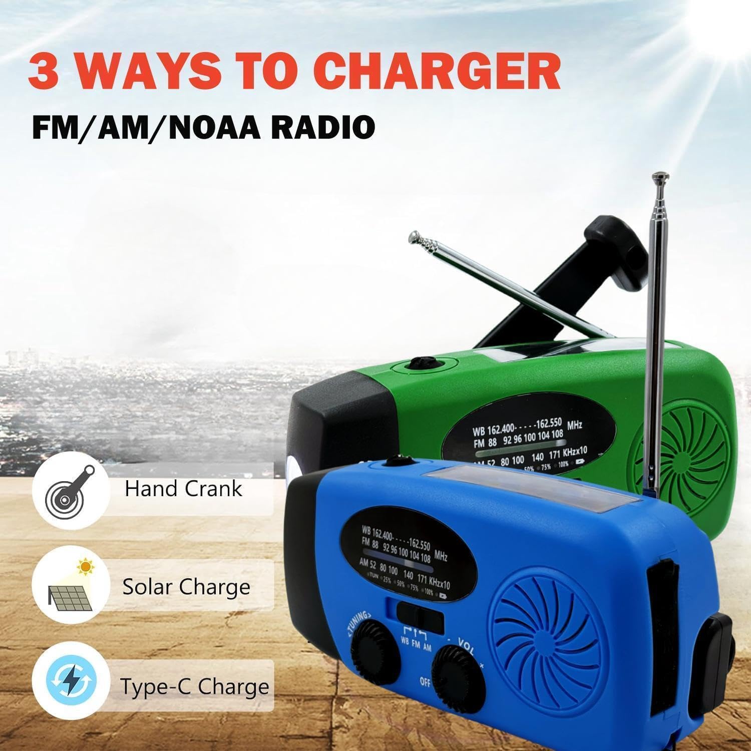 iRonsnow Notfall-Solarradio, tragbares Kurbelradio mit LED-Taschenlampe, wiederaufladbares 5000-mAh-Netzteil, SOS-Alarm, AM/FM-Solarwindradio, USB-Ladegerät für Wandern, Camping (5000 mAh, blau) – Bild 4