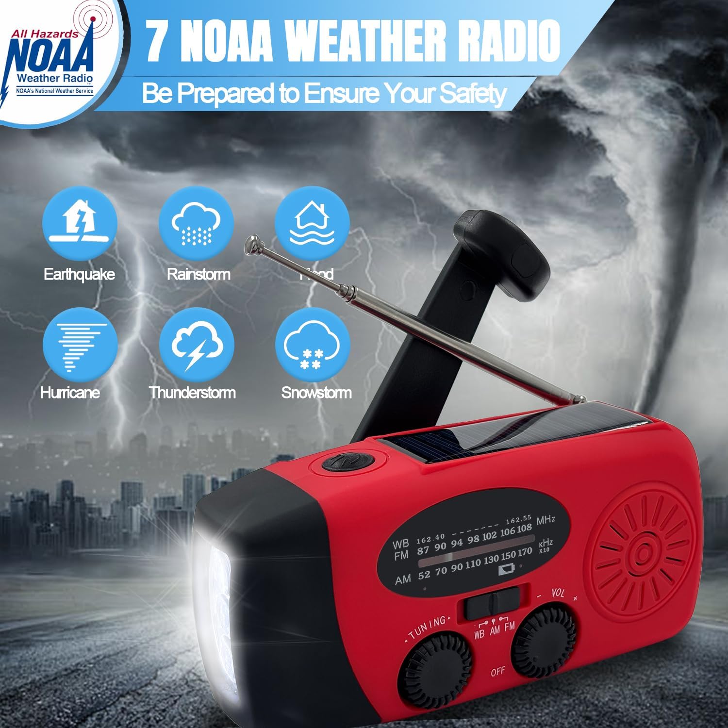 2000 mAh Notfall-Solar-Handkurbelradio, tragbares 3-Wege-Wetterradio AM/FM/NOAA mit USB-Ladegerät, Telefonladegerät, SOS-Alarm und LED-Taschenlampe für Camping, Wandern (rot) | Tragbares Radio mit wiederaufladbarem Akku, Handy-Ladegerät, SOS-Alarm, Taschenlampe für Camping, Überlebensnotfälle – Bild 5