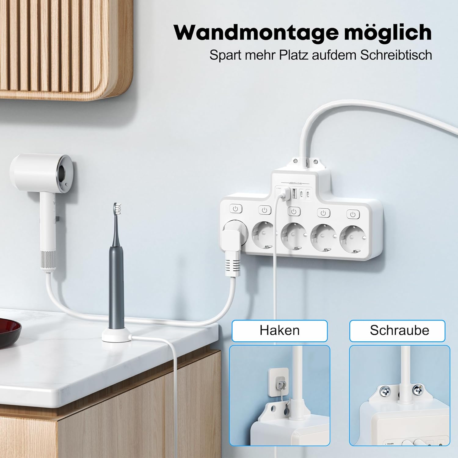 Steckdosenleiste mit Überspannungsschutz, 5-fach & einzeln schaltbar mit 2 USB-A und 2 USB-C – Wandmontage in Küche, Büro, Wohnzimmer, 1,8 m Kabel, 4000 W/16 A – Bild 6