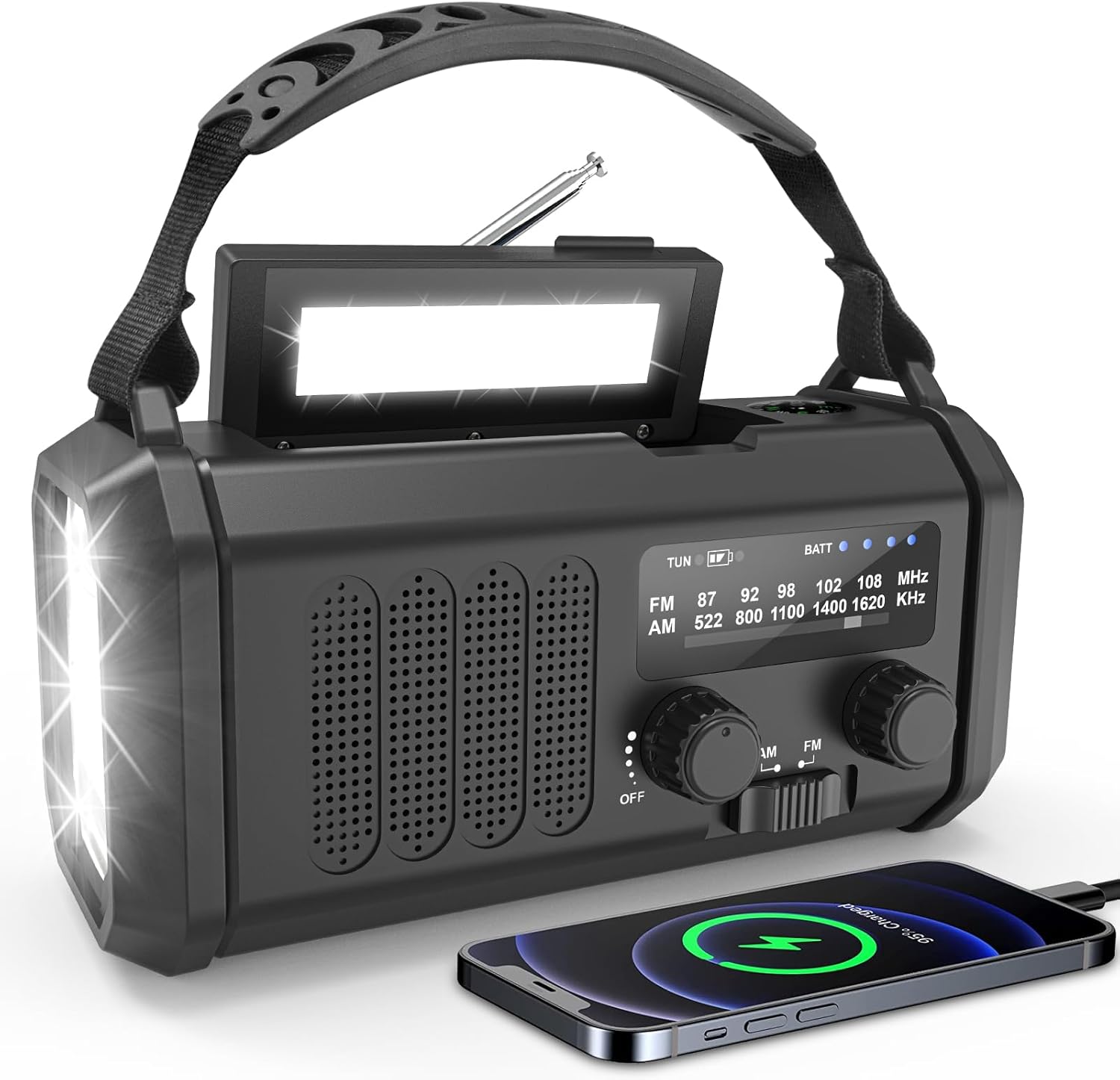 Solarradio, tragbares Kurbelradio, AM/FM-Notfallradio mit 10000/20000 mAh wiederaufladbarer Powerbank, 3 Modi LED-Taschenlampe, SOS-Alarm, USB-C-Handy-Aufladung für Camping im Freien (schwarz, 20000 mAh)