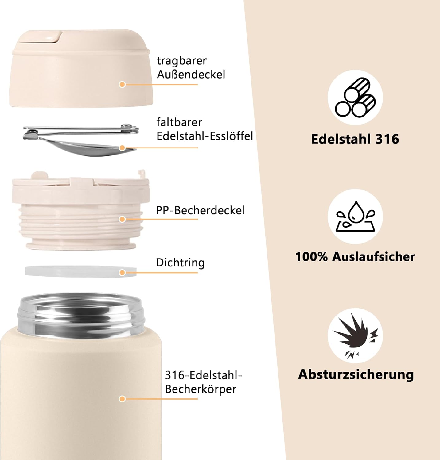 Thermo-Lebensmittelbehälter 550 ml, Edelstahl-Wärmebehälter Lebensmittel mit Löffel, Müslibecher to Go, Thermo-Lunchbox für Gefrierschrank, Spülmaschine, Erwachsene (weiß) – Bild 3