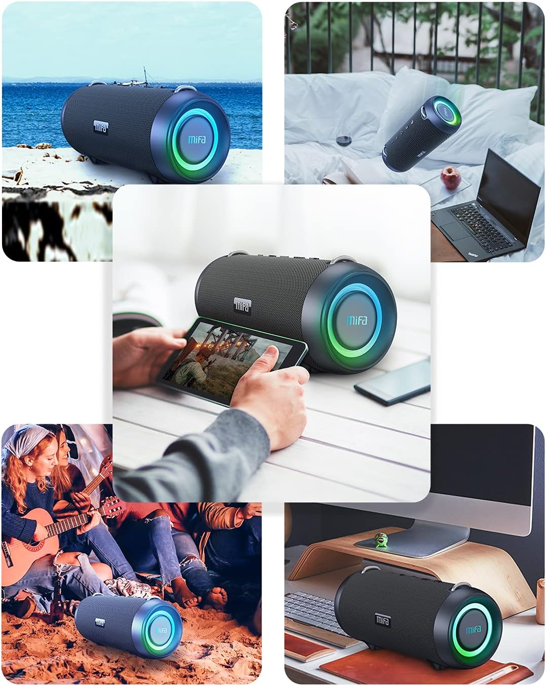 MIFA A90 Bluetooth-Lautsprecher, 60 W, kabellos, IPX7 wasserdicht, RGB-LED-Licht, 30 Stunden Akku, USB/Micro-SD-Karte/AUX-in-Wiedergabe, echte kabellose Stereoanlage mit Schutzhülle/tragbarem Tragegurt – Bild 6