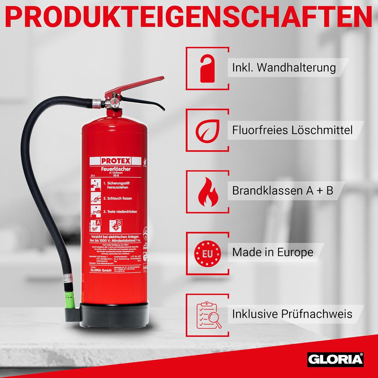 Protex 2 x Schaum-Feuerlöscher SD6 E – 6 Liter – fluorfrei – für Brandklassen A und B – nach DIN EN 3 – 11 kg – mit praktischer Halterung – mit Prüfplakette – hergestellt in der EU – Bild 2