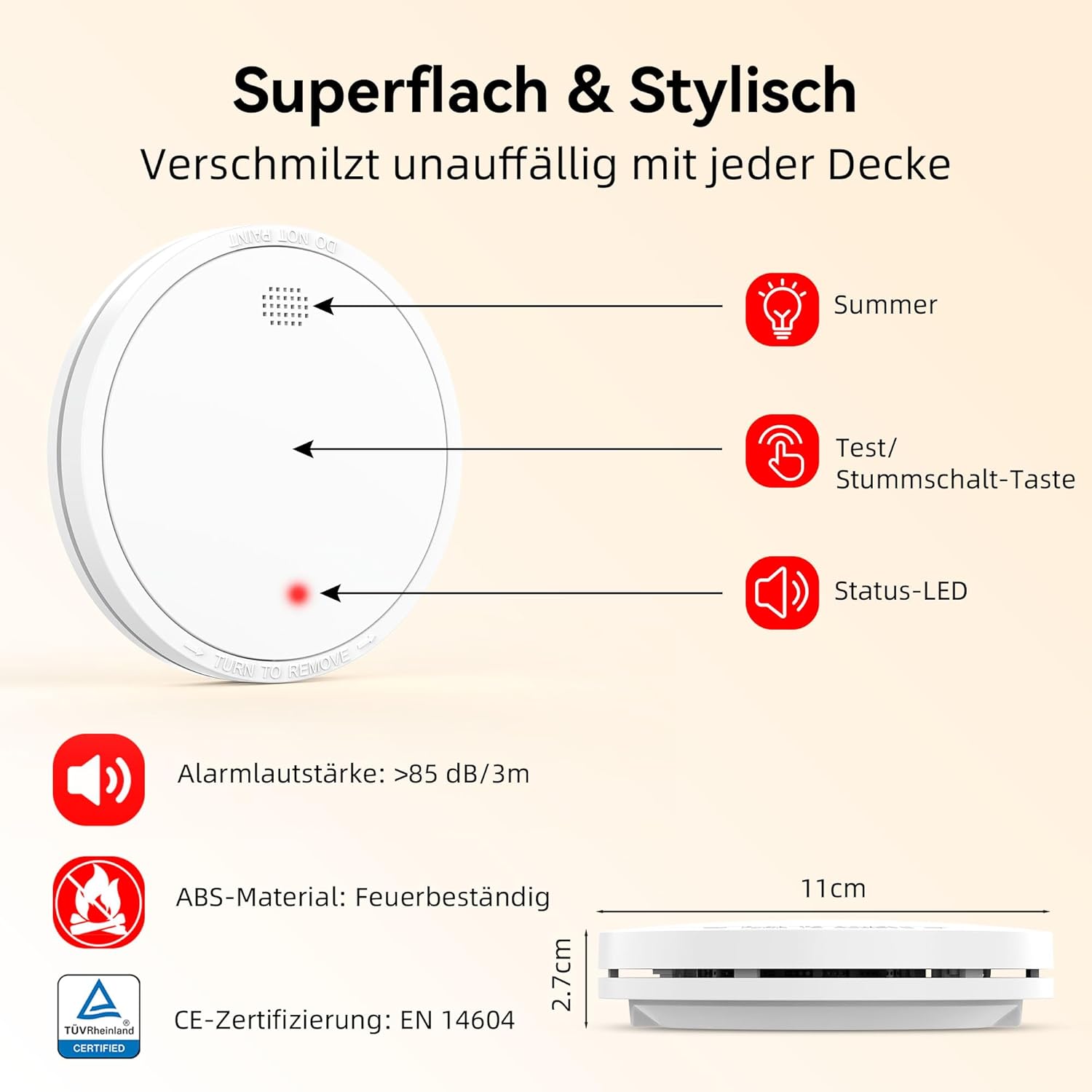 Rauchmelder, 10 Jahre Batterie, mit Magnethalterung, europäische Norm EN14604 geprüft, Feuermelder ohne Bohren, 85 dB, Rauchmelder, 6er-Set – Bild 8