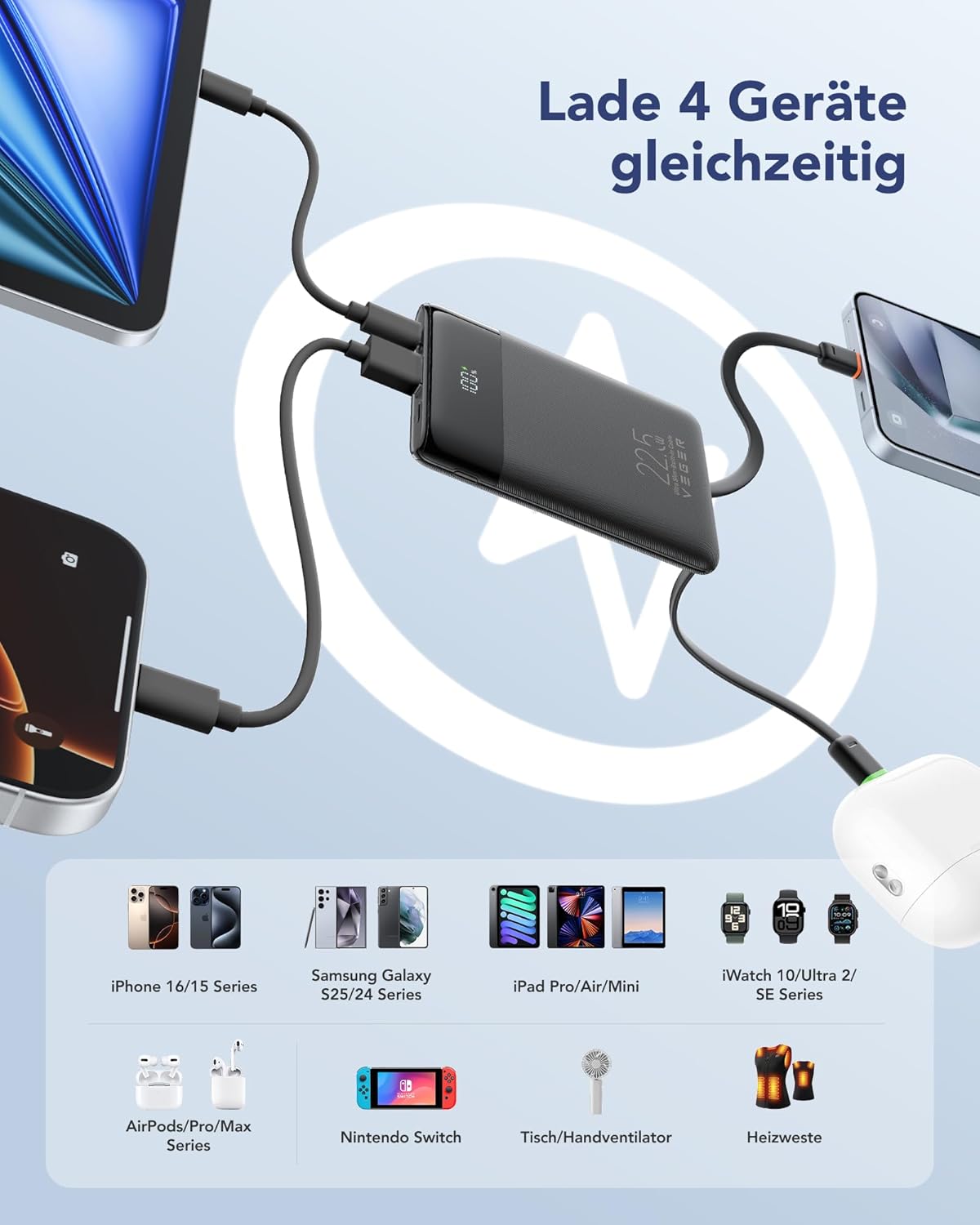VEGER Powerbank 10000 mAh klein, 22,5 W Schnelllade-Powerbank mit integriertem USB-C-Kabel, externe Handy-Akkus, 4 Ausgänge, 3 Eingänge, kompatibel mit iPhone 17 16 13 Samsung, Travel Essential, Schwarz – Bild 5