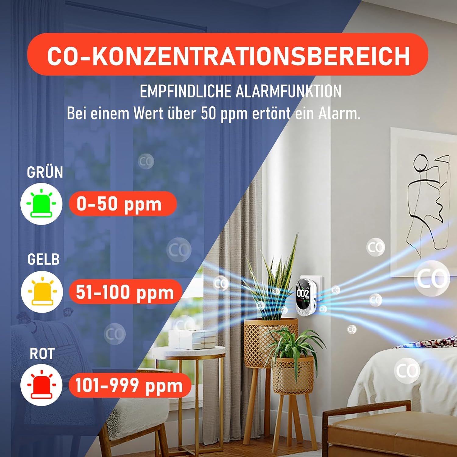 LSENLTY Kohlenmonoxidmelder, CO-Detektor mit HD-Bildschirm und Display, visueller und akustischer Alarm, 3-in-1-CO-Detektor (CO-Gasmessgerät, Temperatur und Luftfeuchtigkeit) für Zuhause und Reisen – Bild 6