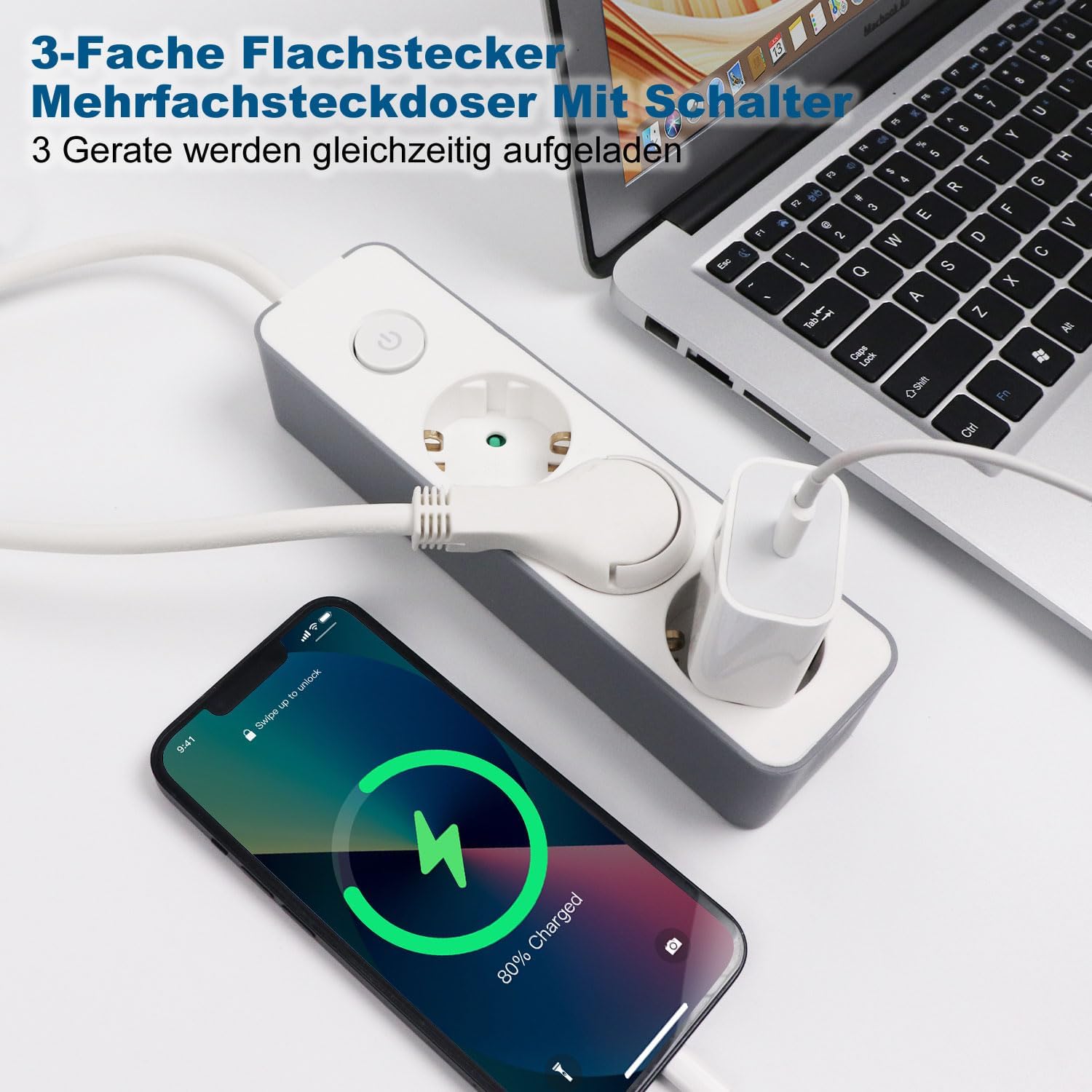 EXTRASTAR Flachstecker Mehrfachsteckdose 3-fach Steckdosenleiste Flachstecker mit Druckknopfschalter 1,5 m Kabel für Büro und Zuhause Weiß + Grau – Bild 2